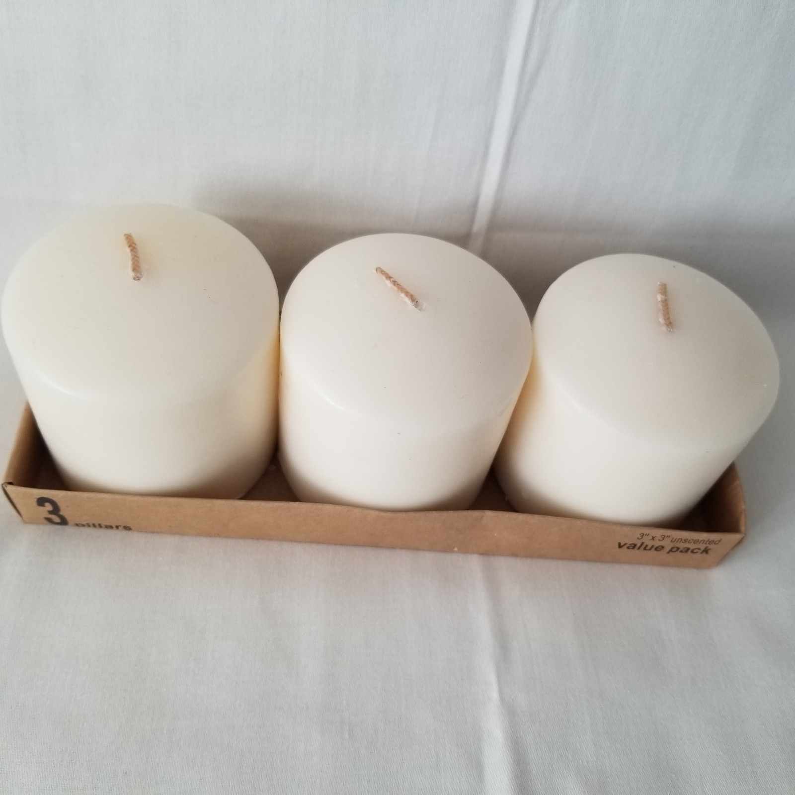3 – Off White 3 x 3 inch Piller Candles New in Open Box Unscented