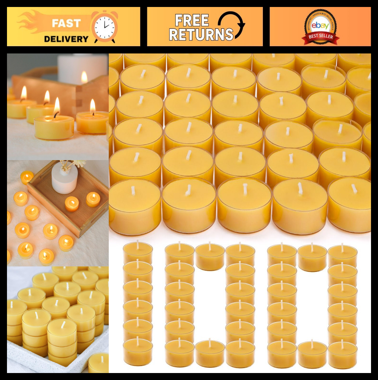 100 Pack Pure Beeswax Tealight Candles – Natural Unscented, Clean Burning, 4-Hou