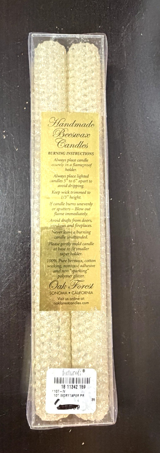 Oak Forest Gold Glitter Beeswax 10.25″ Taper Candles Handmade USA Wedding NEW