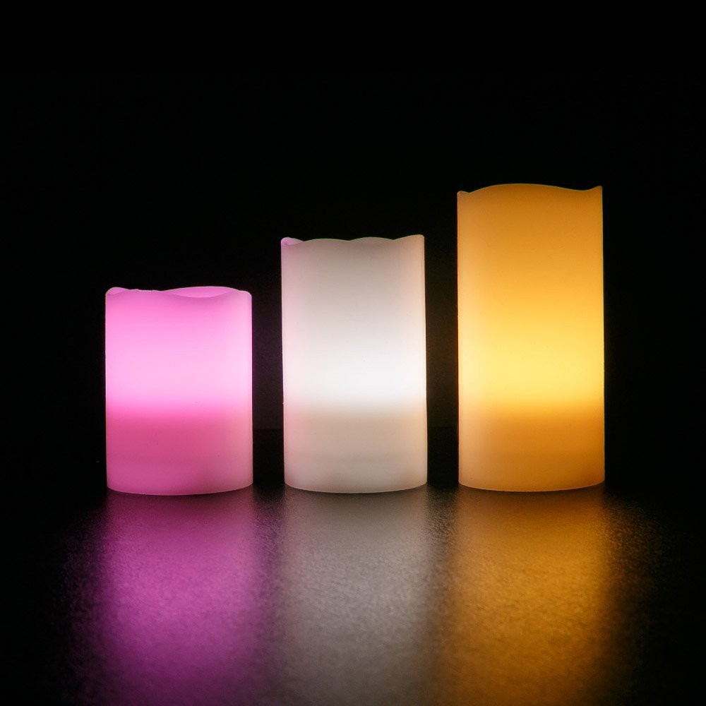 Set of 3 LED Multi-Color Changing Real Wax Ivory Pillar Candles (4”, 5”, 6”) …