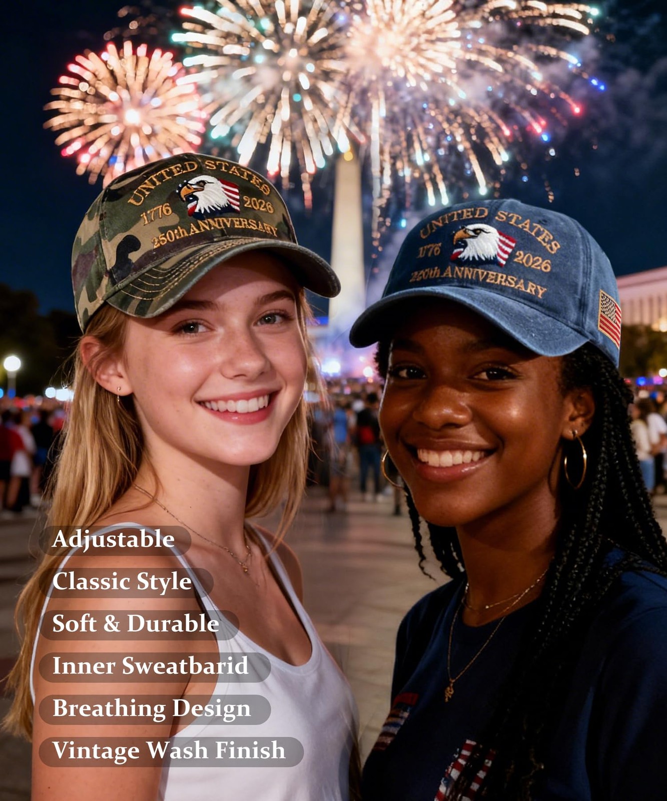 2 Pack USA 250th Anniversary Patriotic Embroidered Baseball Cap 17762026, Ame…