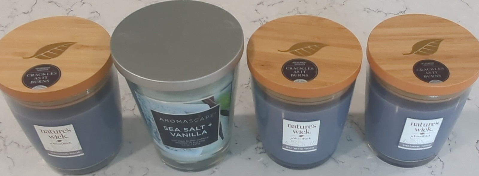 4 PACK Aromascape & WoodWick Candles 3 Weathered Wood & 1 Seasalt + Vanilla NEW