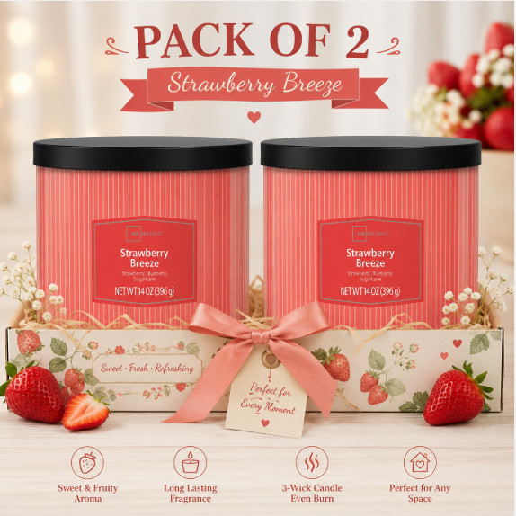 Pack of 2 Strawberry Breeze 3-Wick Scented Candle, 14 oz Glass Jar Candles……