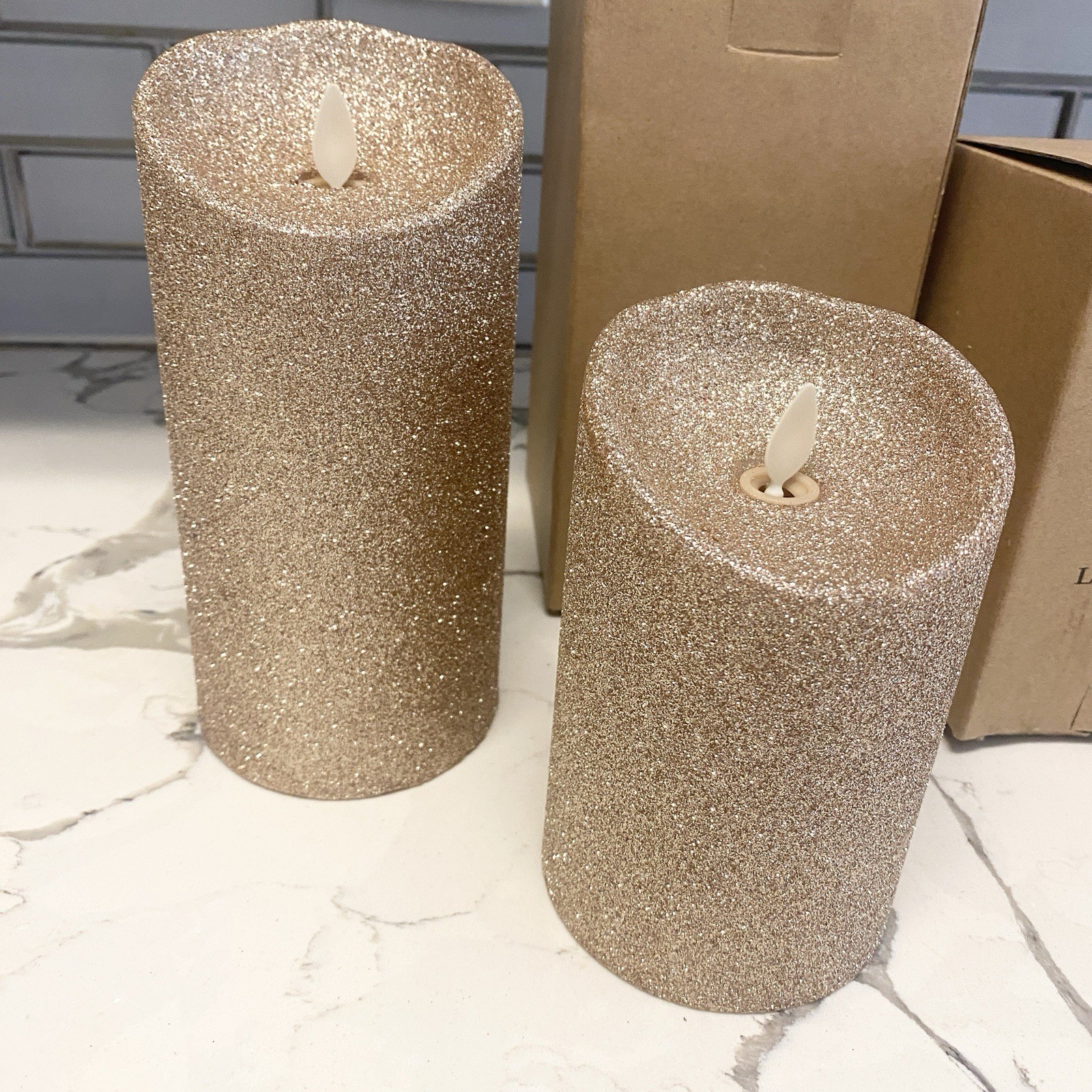 Luminara Gold Glitter Flame Effect Flameless Battery Candle Pair 7.5” & 5.5”