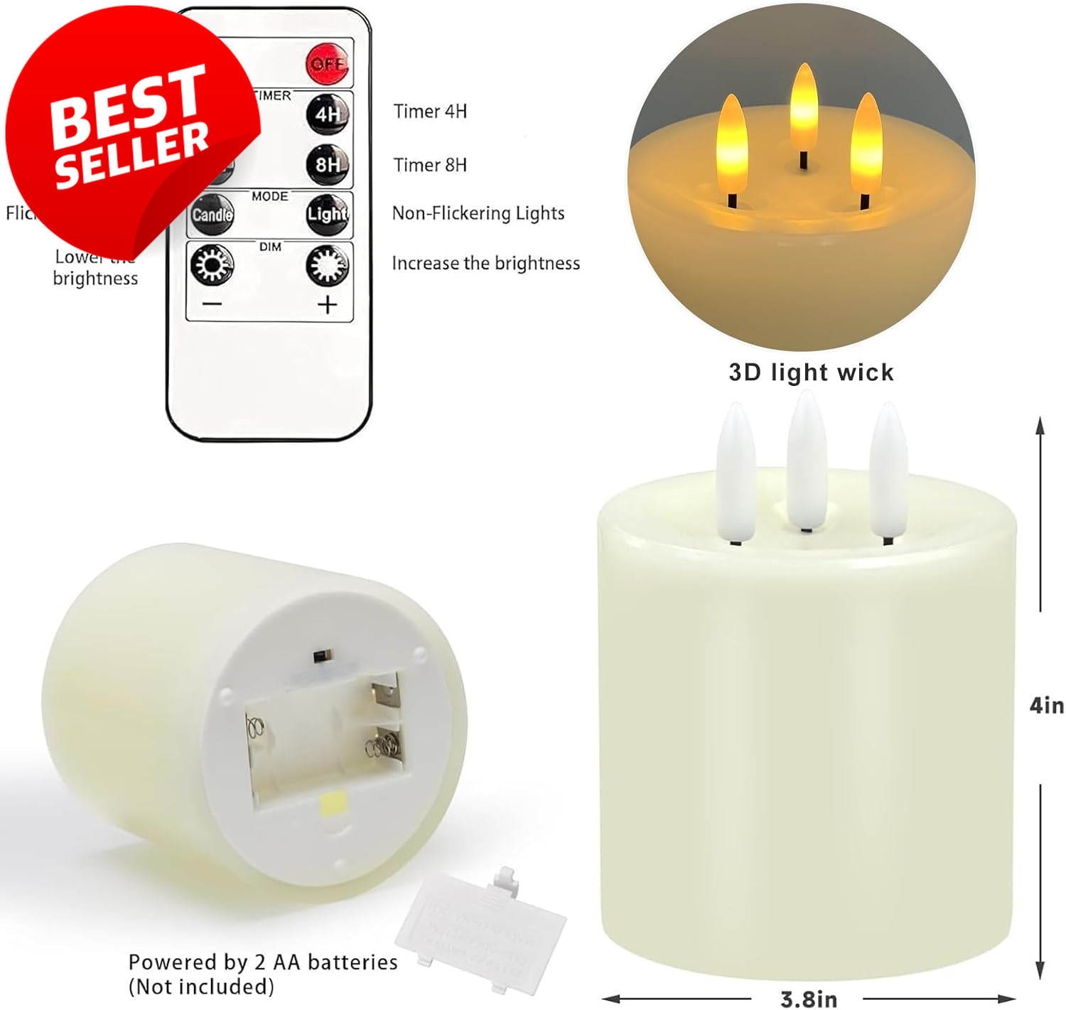4x4in 3 Wick Flameless LED Candle Real Wax Remote Timer Ivory – US