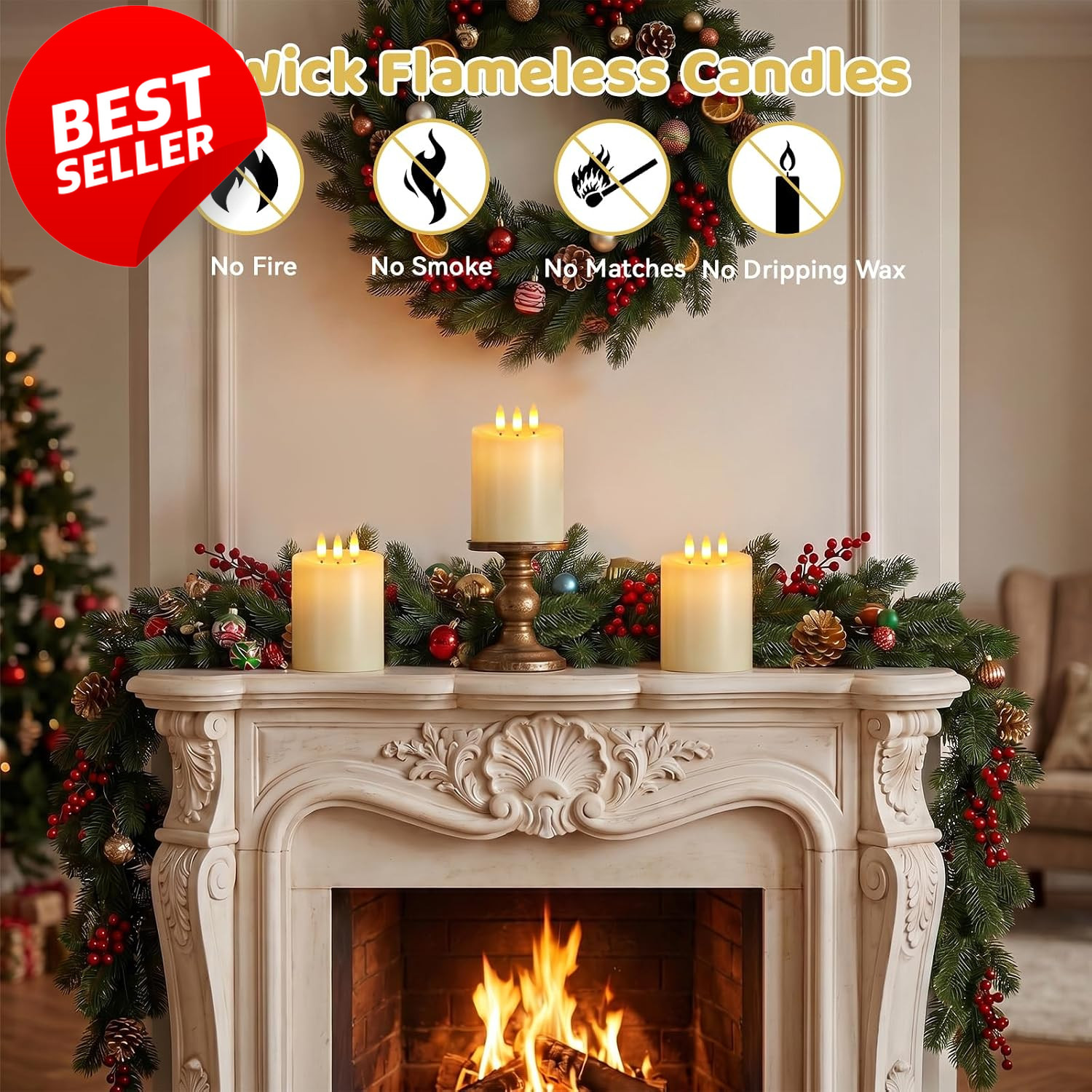 4x4in 3 Wick Flameless LED Candle Real Wax Remote Timer Ivory – US