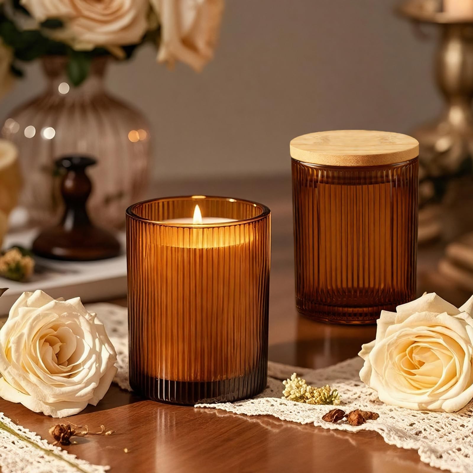 CONNOO 16pcs Ribbed Candle Glass Jars with Natural Bamboo Amber 7oz ribbed