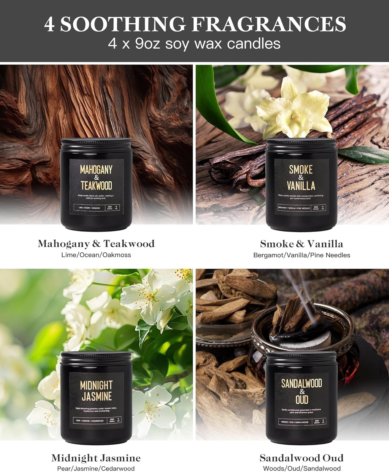 Men’s Candle Gift Set, 4 Pack Crackling Wood Wick Soy Scented Candles, 36oz M…