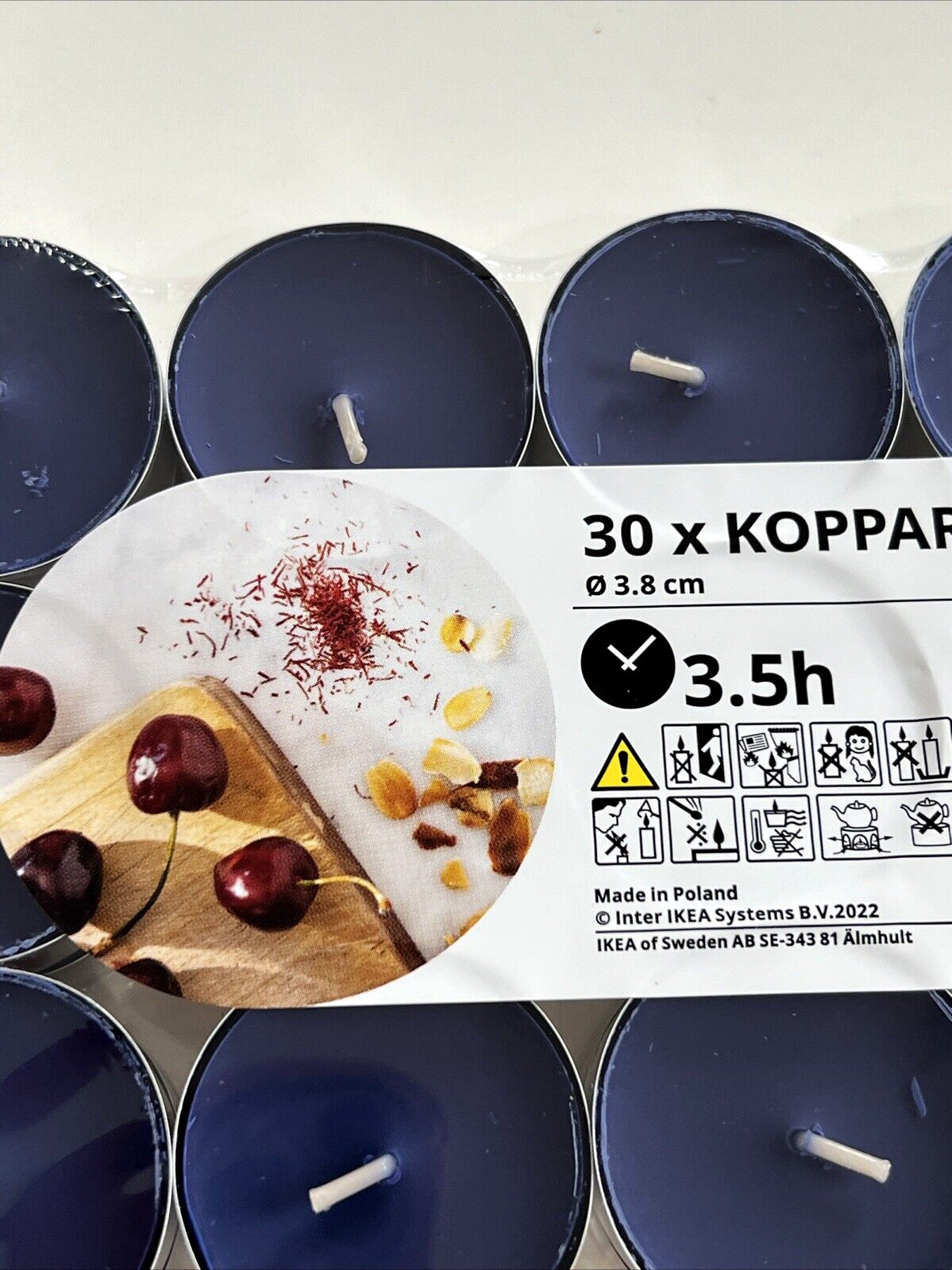 Pack of 30 IKEA Kopparlonn Candle Scented tealight, almond & cherry/blue, 3.5 hr