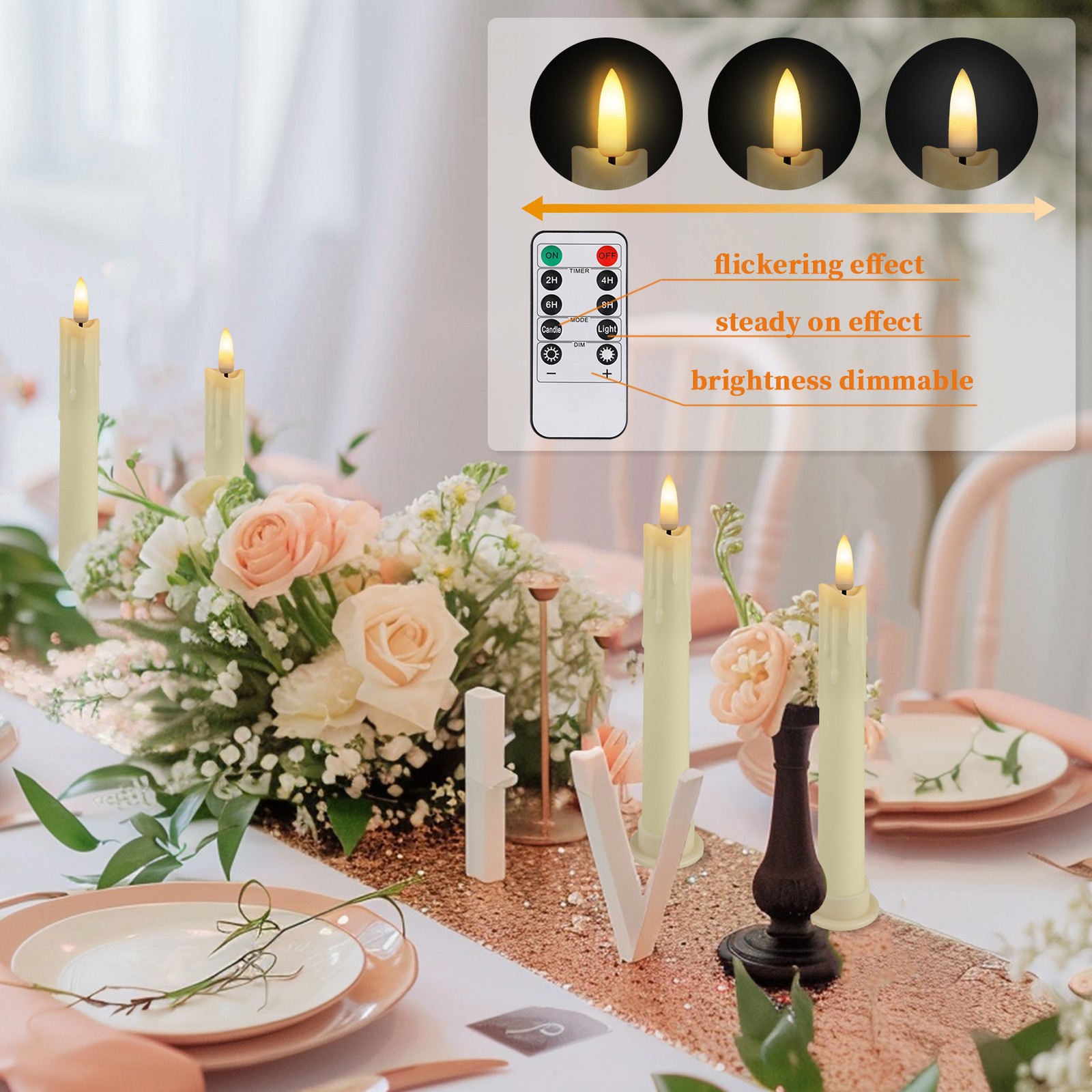 Set of 6 LED Flameless Flickering Taper Candles light with Holders Timer Remote