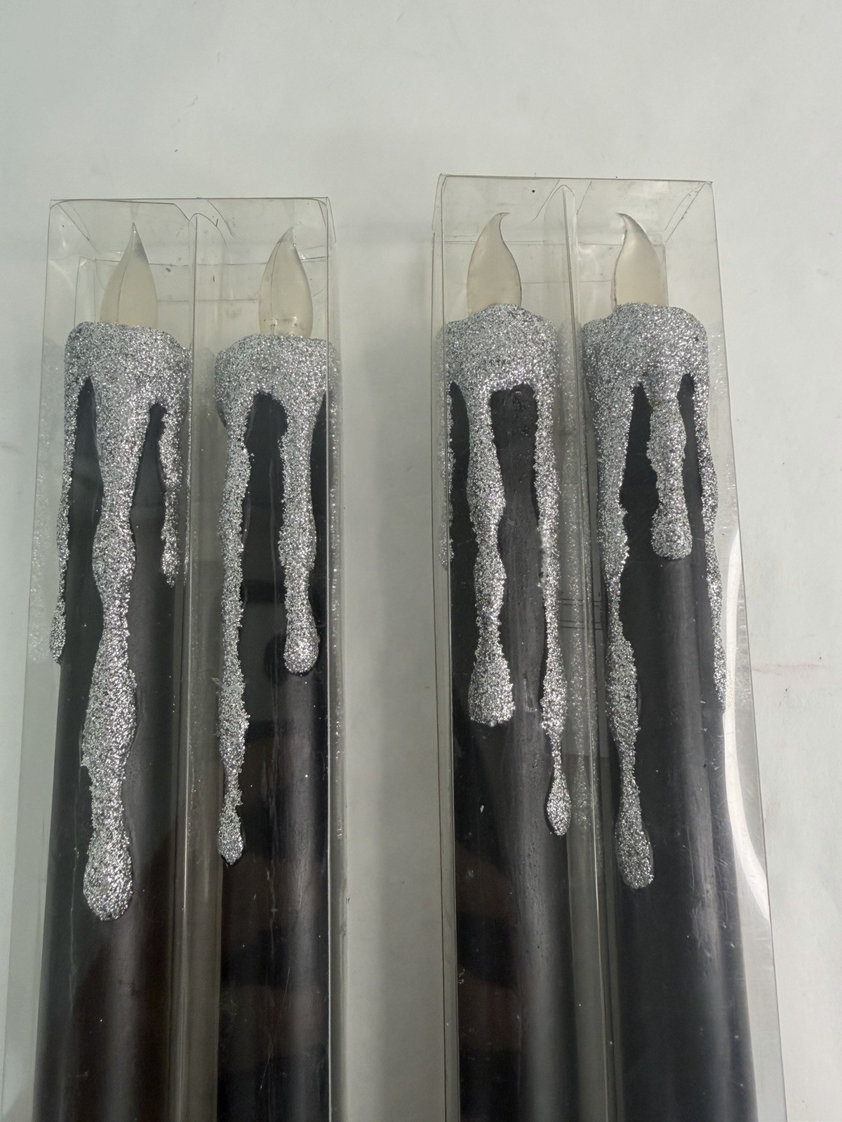 (4) Pier 1 Flameless Flickering LED Taper 10-3/4In Candles Black Silver Glitter