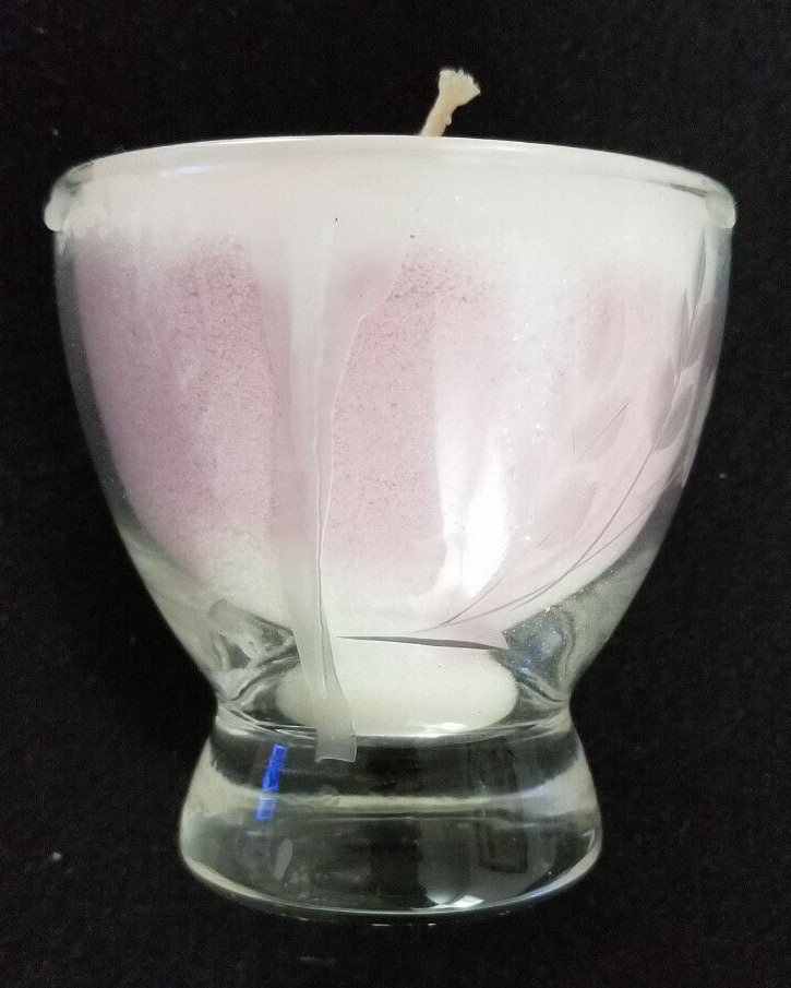 Vtg Handcrafted Wax Crystals Sparkle Candle in 1950’s Etched Glass – 3-1/2″ #2
