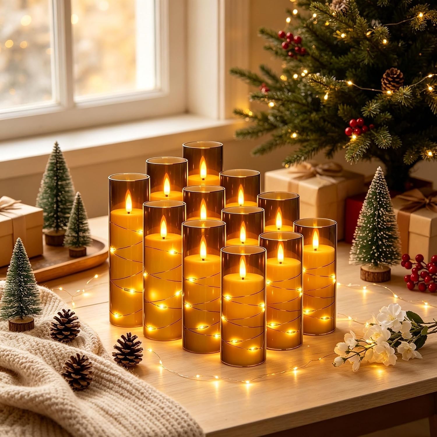 12 Pack Gray Acrylic Flameless Taper Candles, Flickering Black Wick LED Candles
