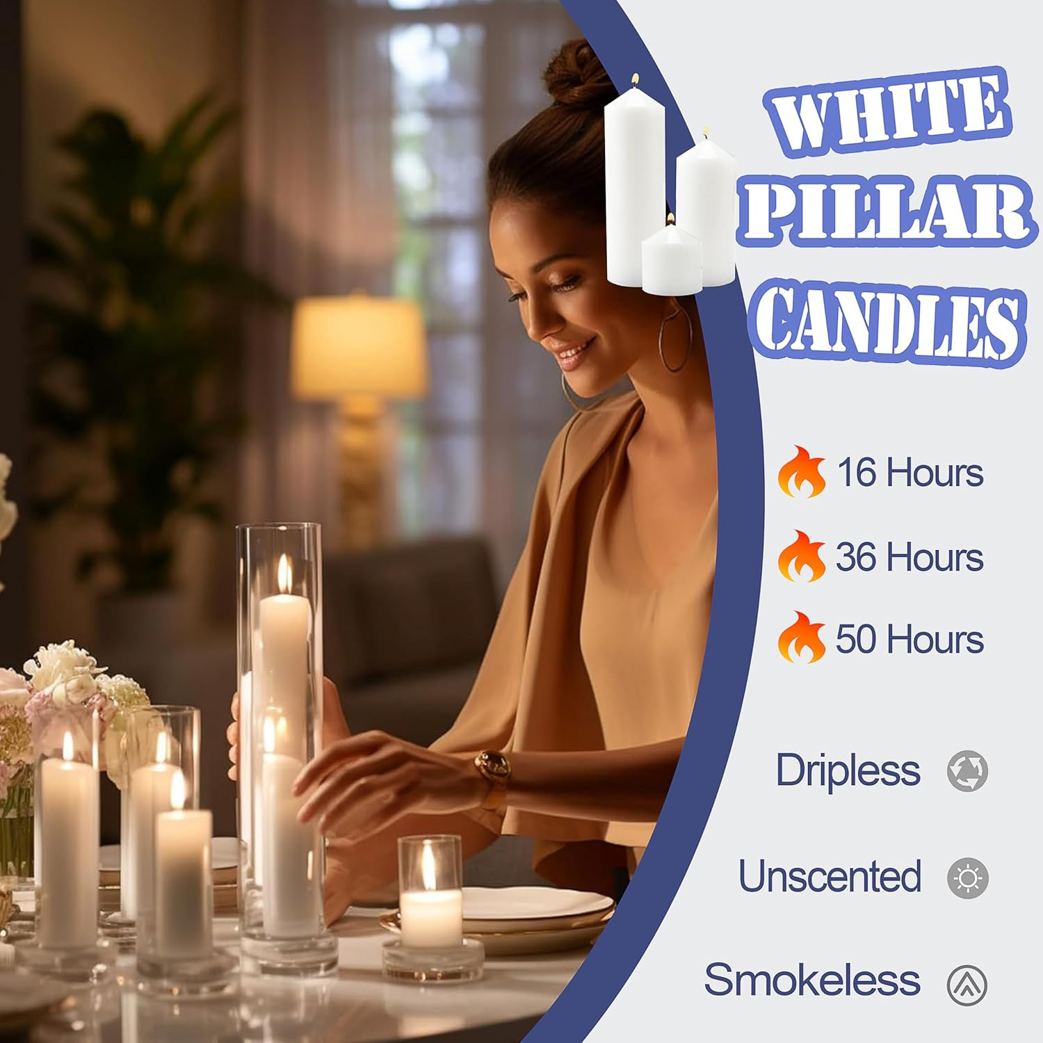 36 Pcs White Pillar Candles Bulk Set，2X3 2X6 2X8 Inch – 12 Each Size，Hurricane C