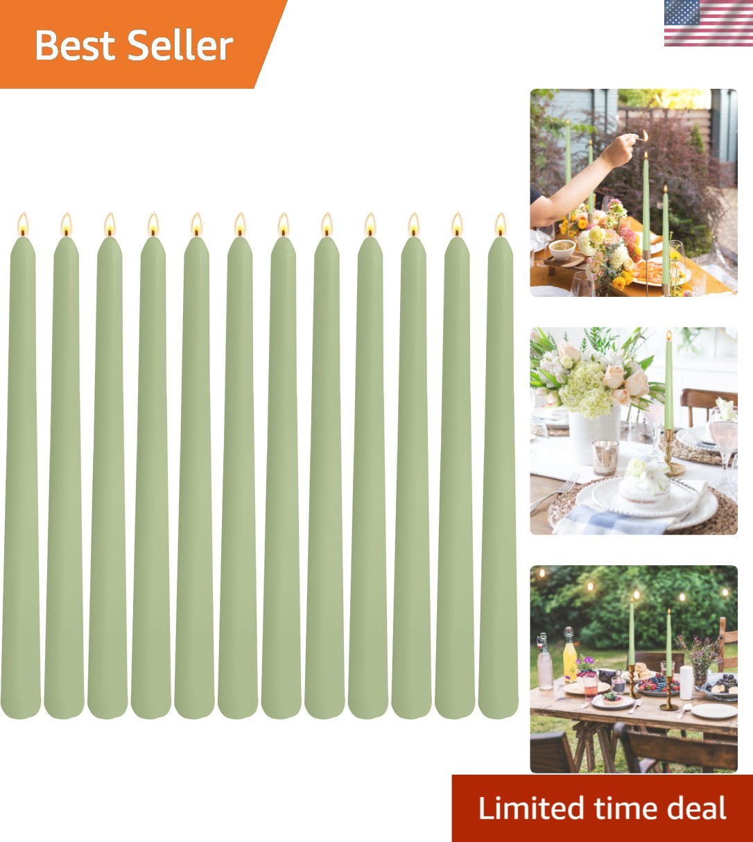 Taper Candles 12 Pack Sage Green Unscented Dripless Long Lasting Burn Time