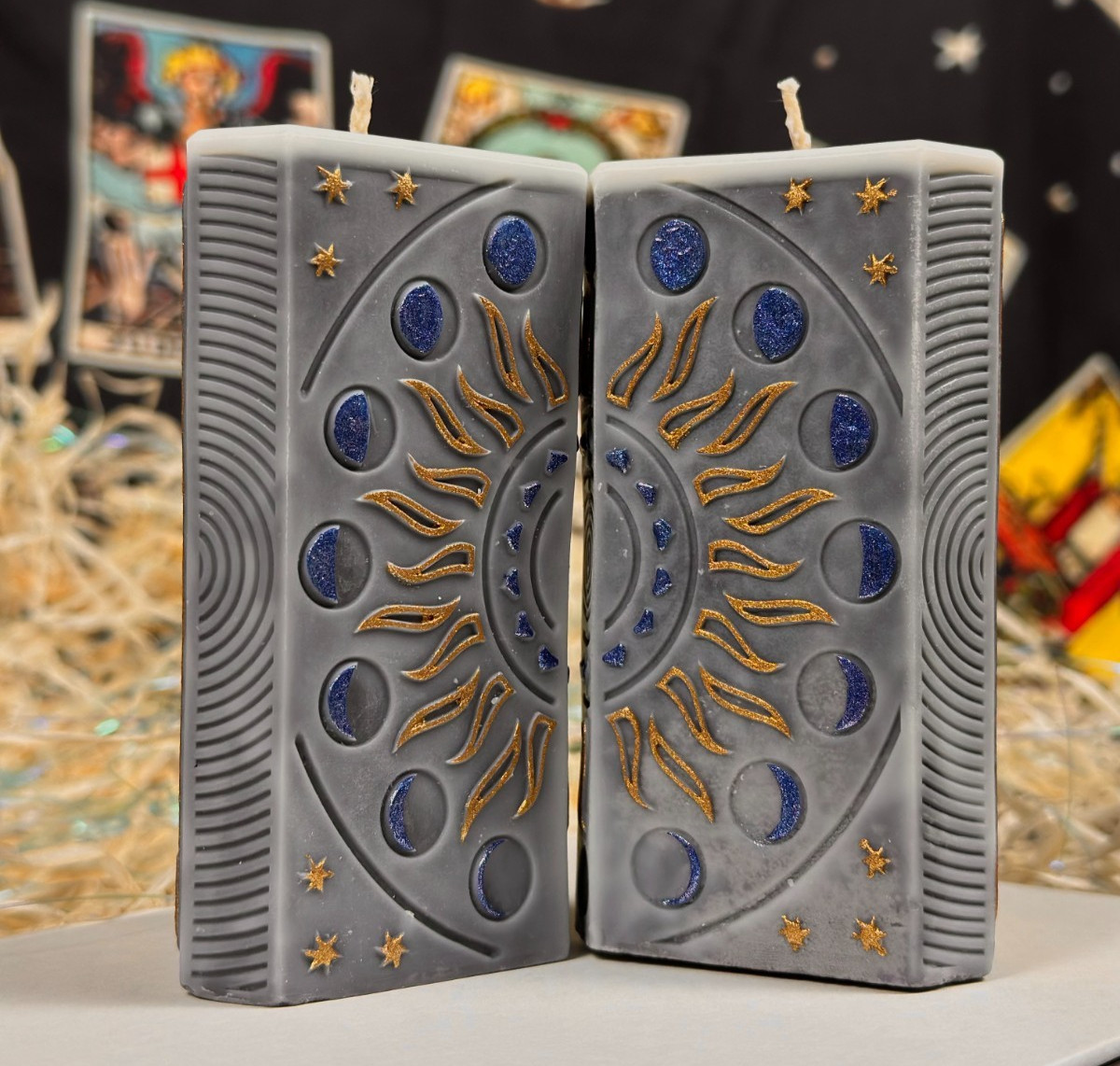 Sun & Moon Tarot Candle Set 2pc Hand Painted Arcanum XVIII XIX Witchy Decor Gift