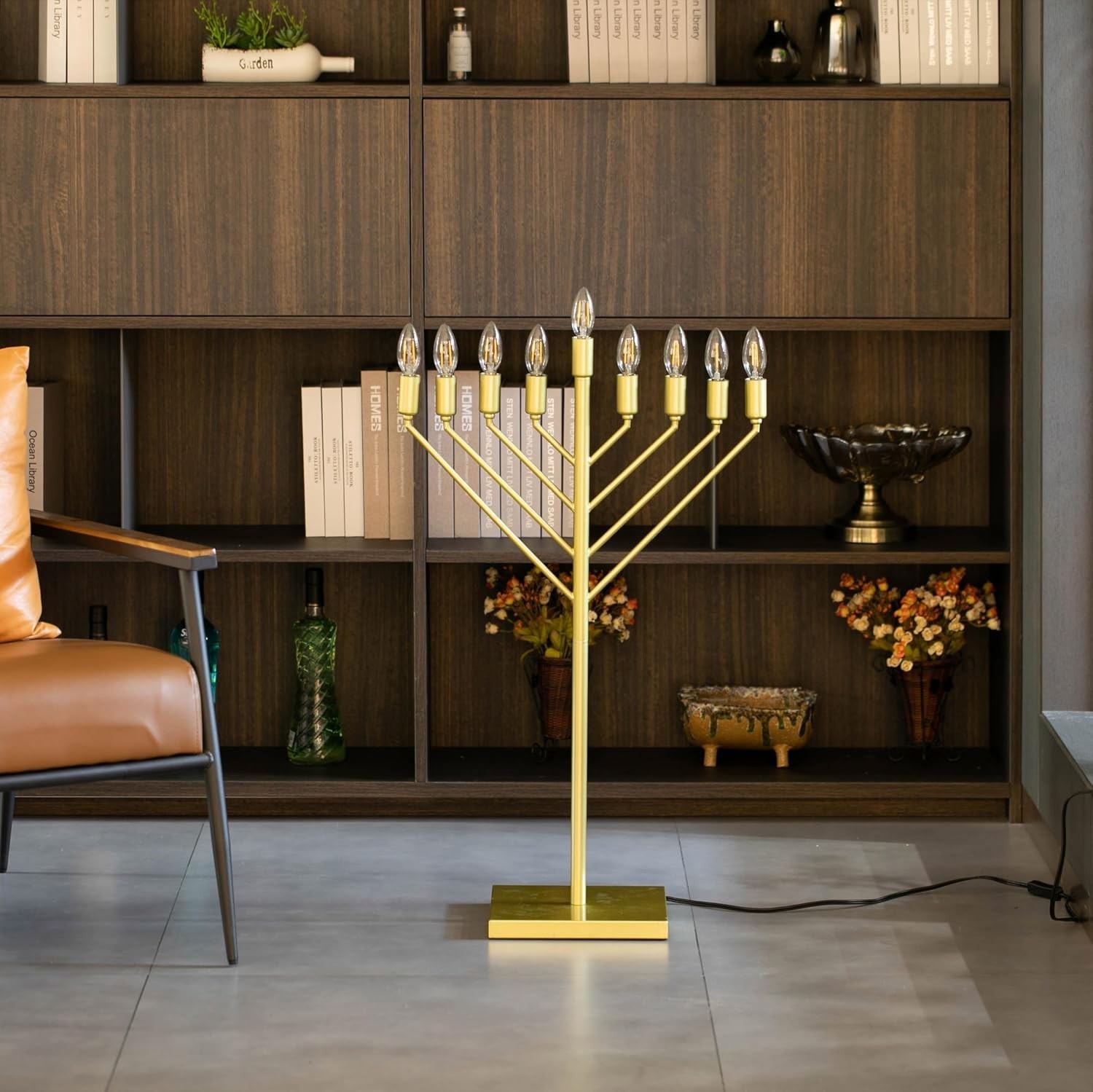 35″ Modern Gold 9 Branch Hanukkah Menorah Chabad Electric LED Flame Bulbs ✡