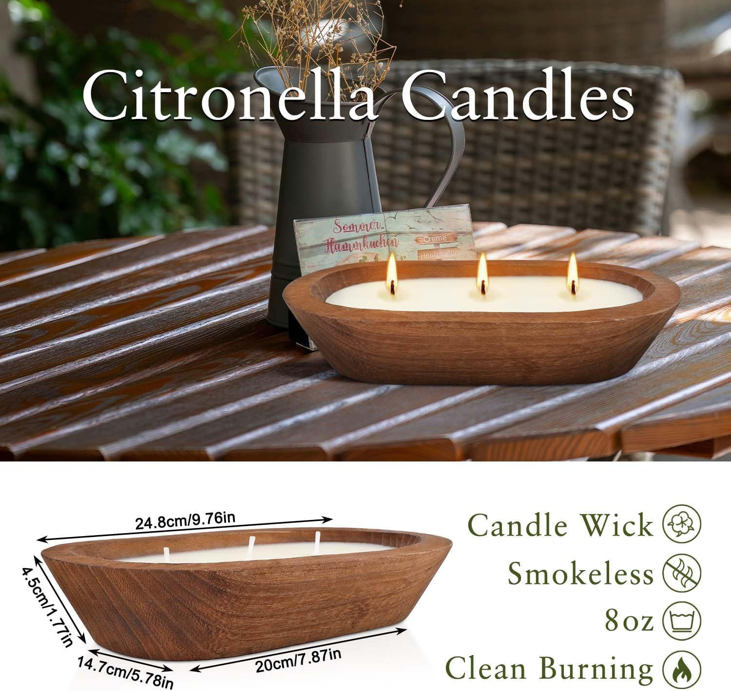 Citronella Scented 3-Wick Candle Oval Wood Bowl Candle, Clean Burning