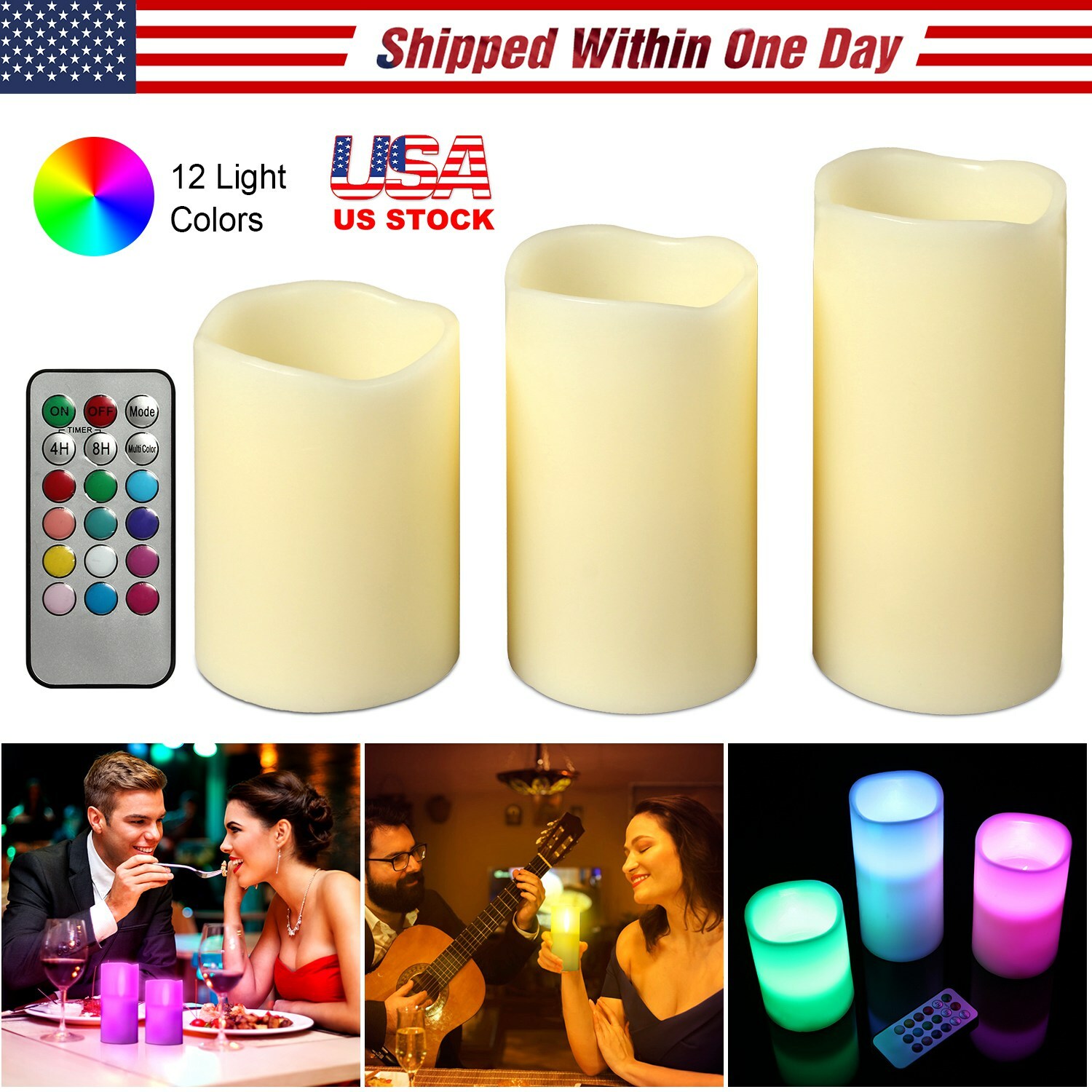 3pc LED Flameless Candles 4″ 5″ 6″ Pillar 12 Color Changing w/ Remote Control