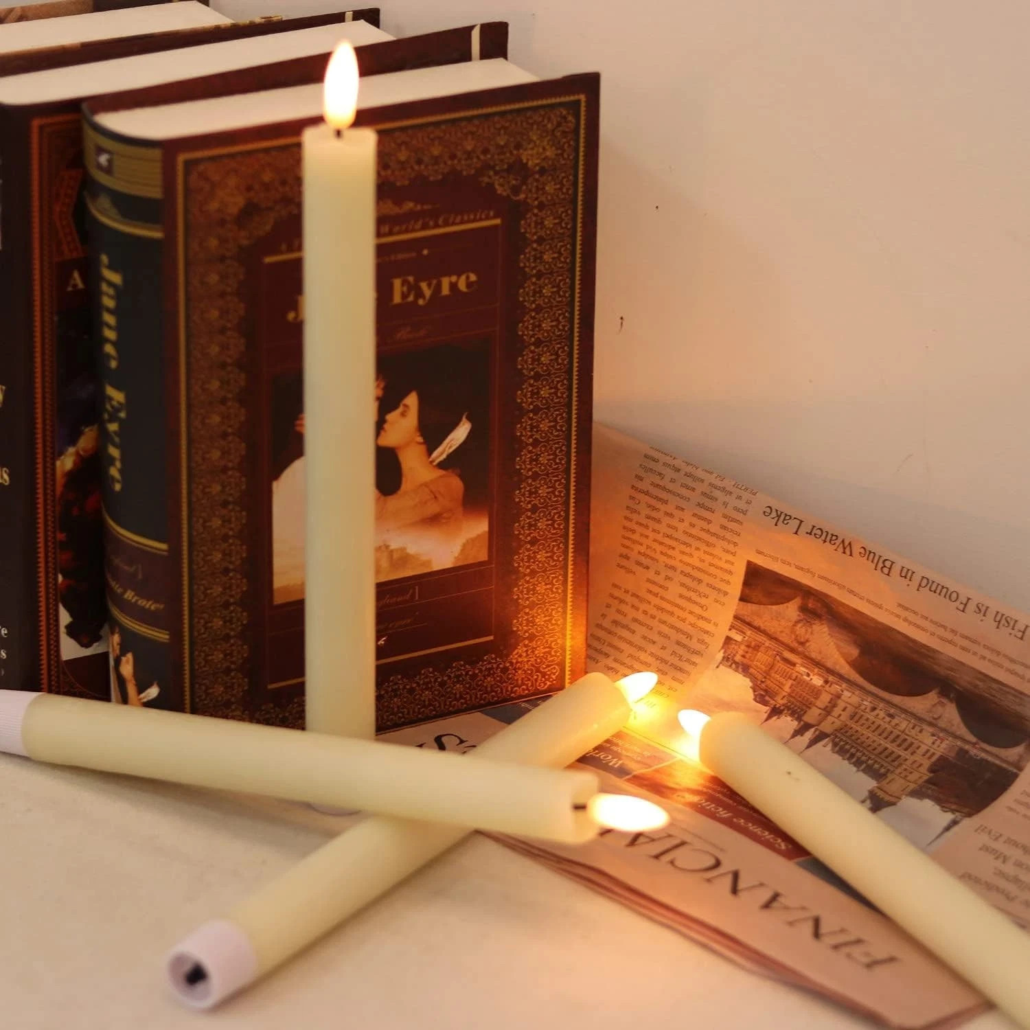 Set of 2, 8″ Flameless Taper Candles Moving Wick Ivory Weddin