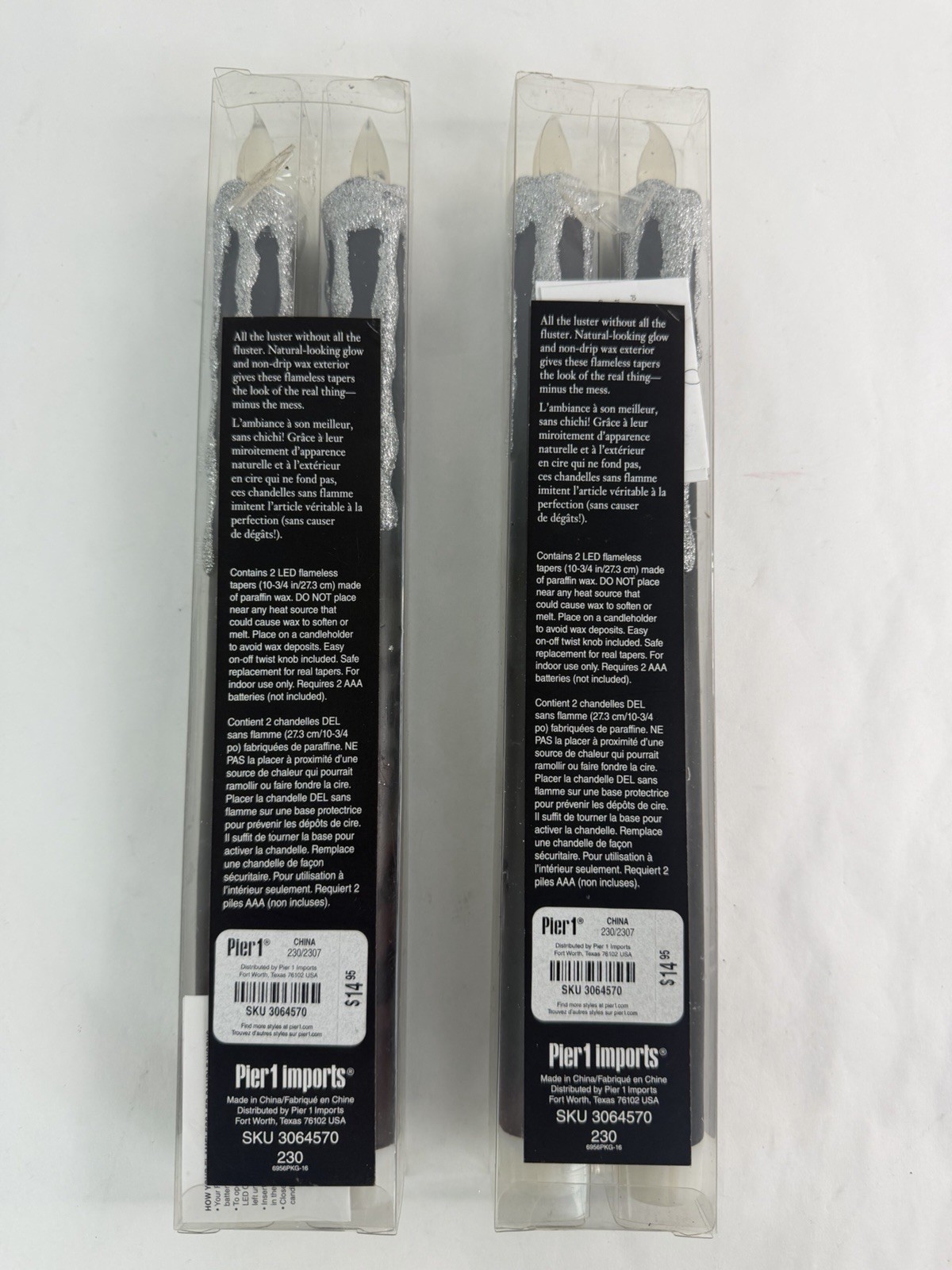 (4) Pier 1 Flameless Flickering LED Taper 10-3/4In Candles Black Silver Glitter