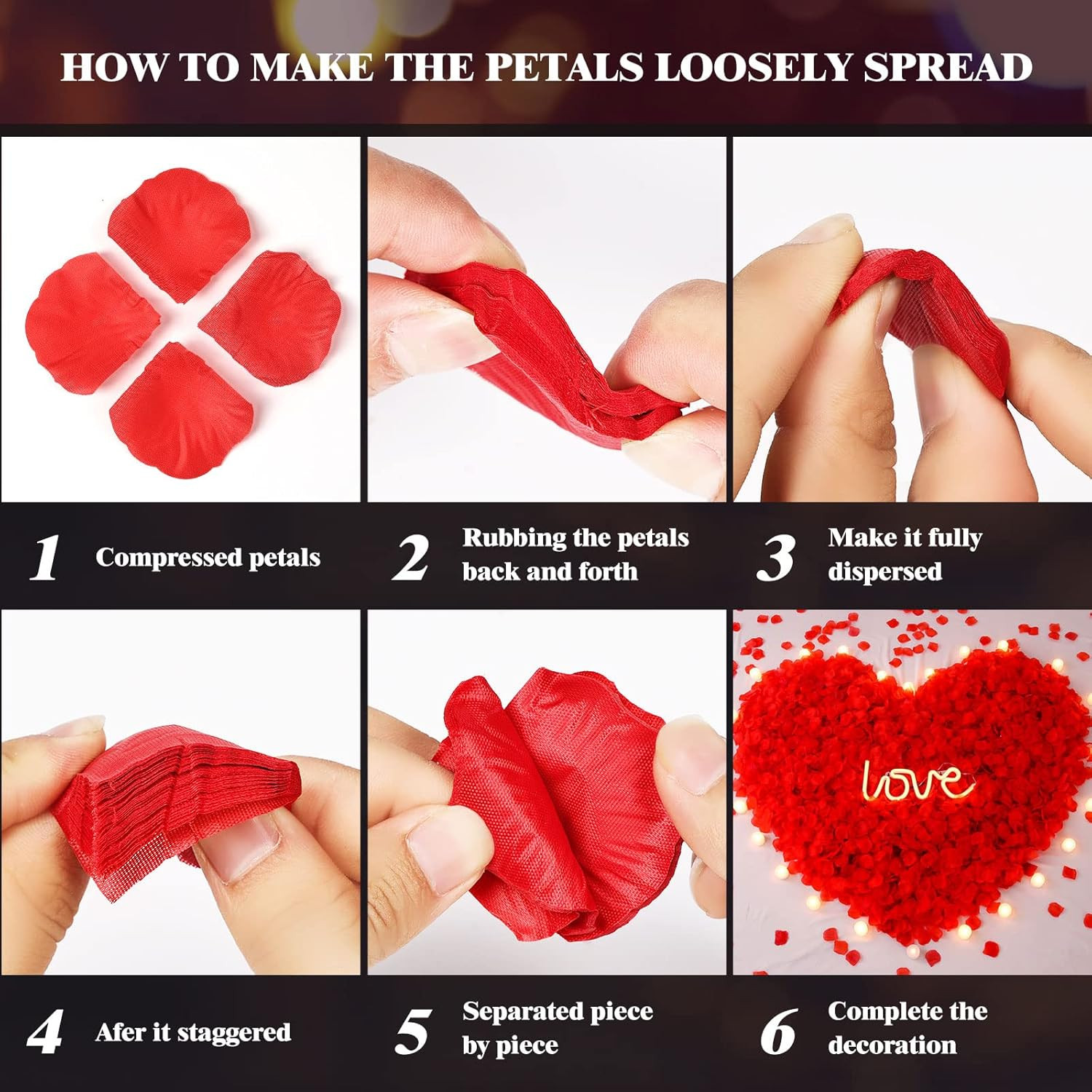 3000 piezas de pétalos de rosa artificiales con 48 piezas de llamas de corazón