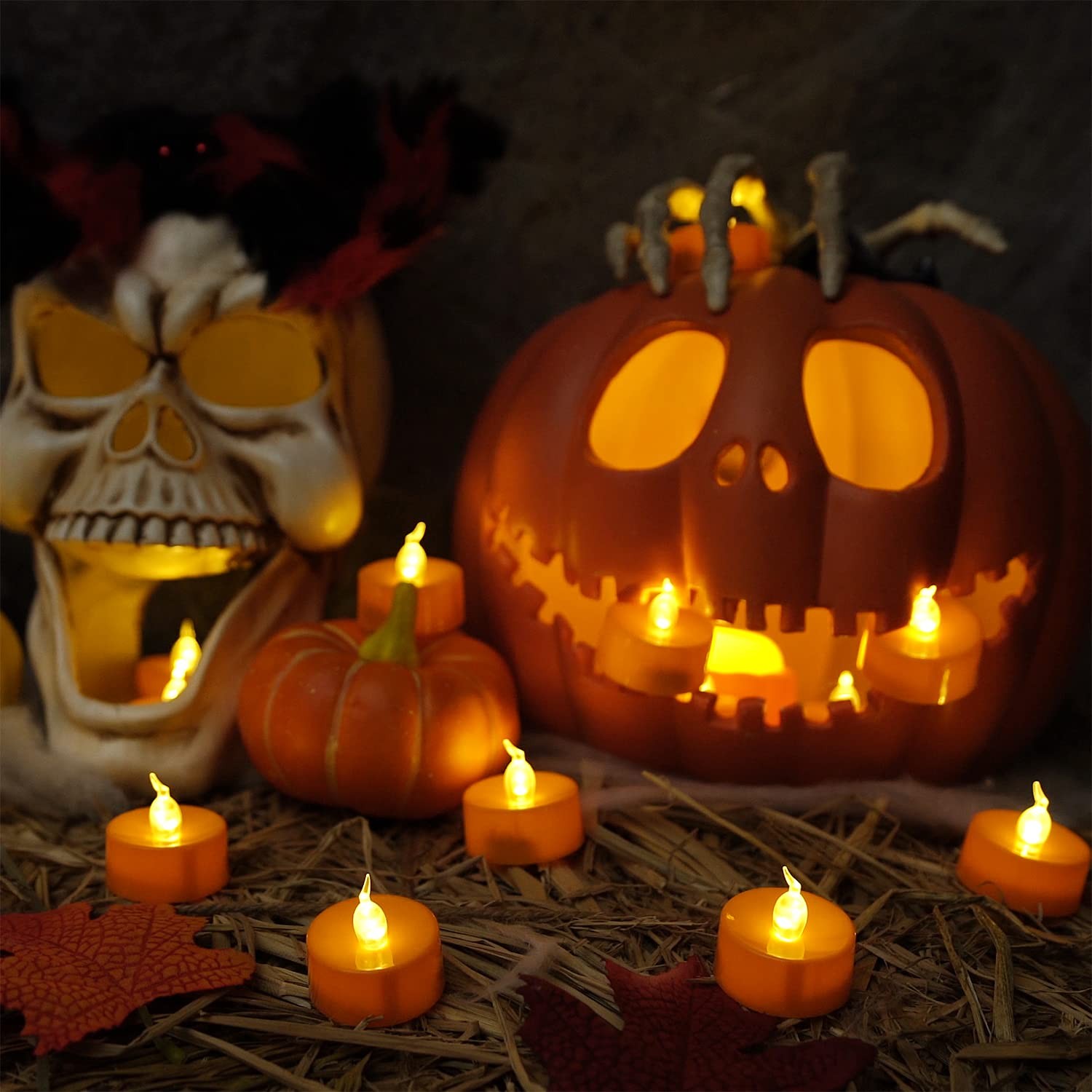Halloween 24 Pack Orange Tea Light Candles, Battery Operated LED Tealights, S…