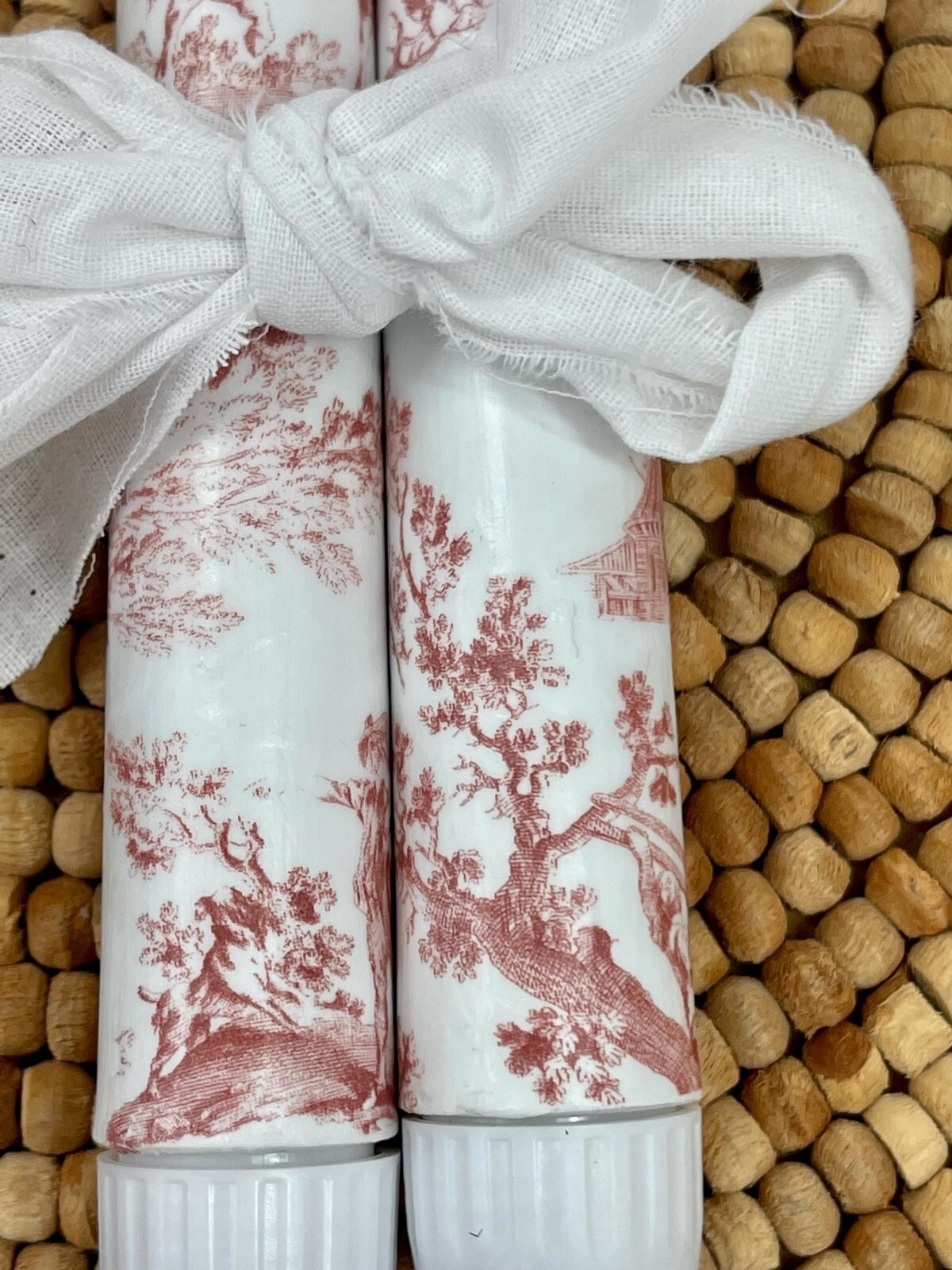 Traditional Reddish Brown Toile Taper Candles Set of Two Battery Operated
