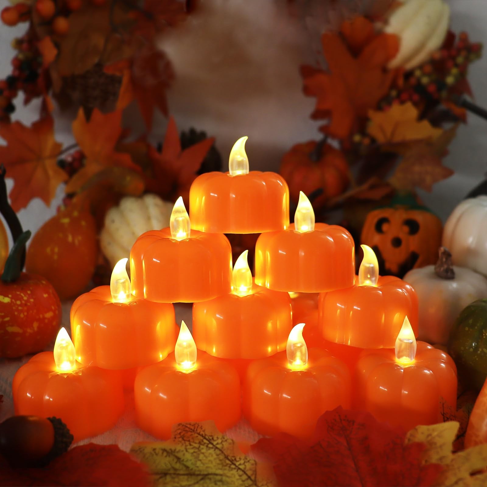 CESOF 12 Pack Fall Decorations for Home Pumpkin Tea Lights Halloween Decor
