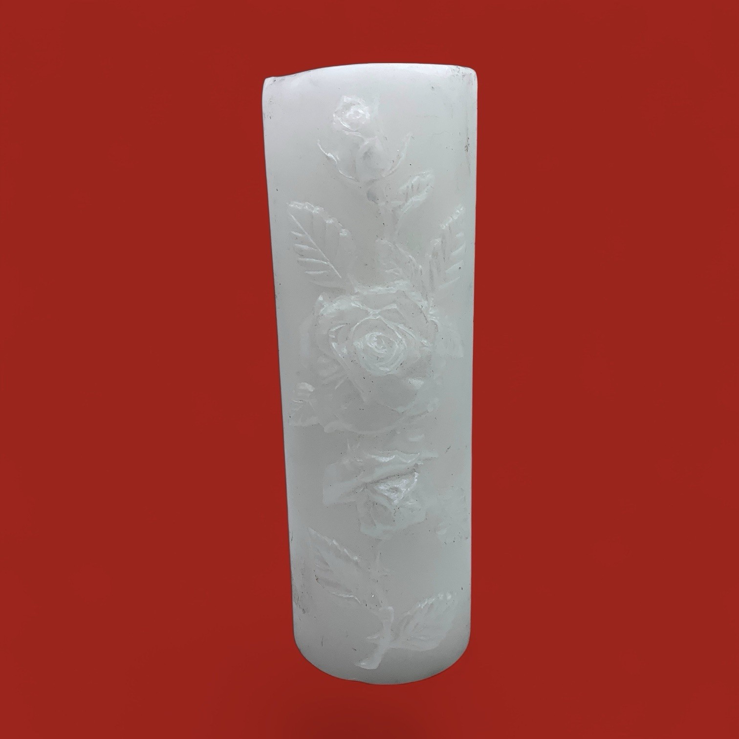 VTG White Embossed Rose Pillar Candle 9” Romantic Floral Decor Unscented Prayer