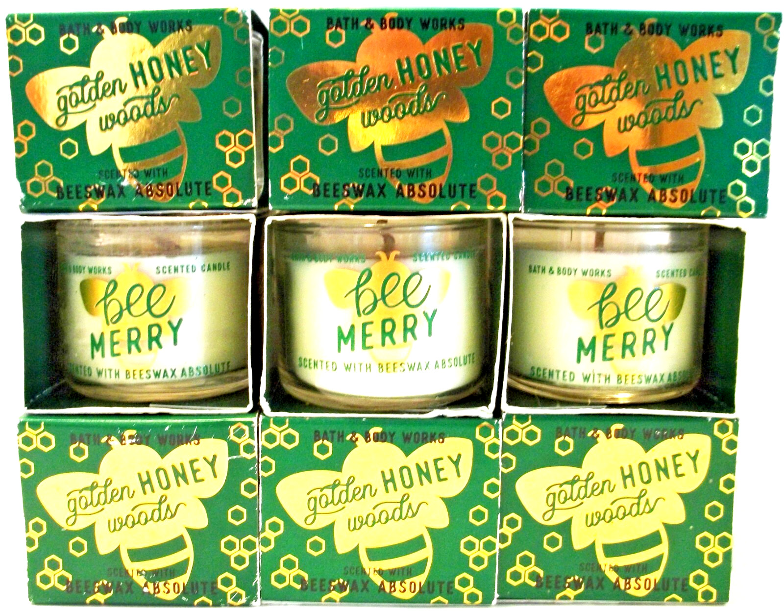 Bath Body Works GOLDEN HONEY WOODS Mini Candles, Glass, BEE MERRY 1.3 oz NEW x 6