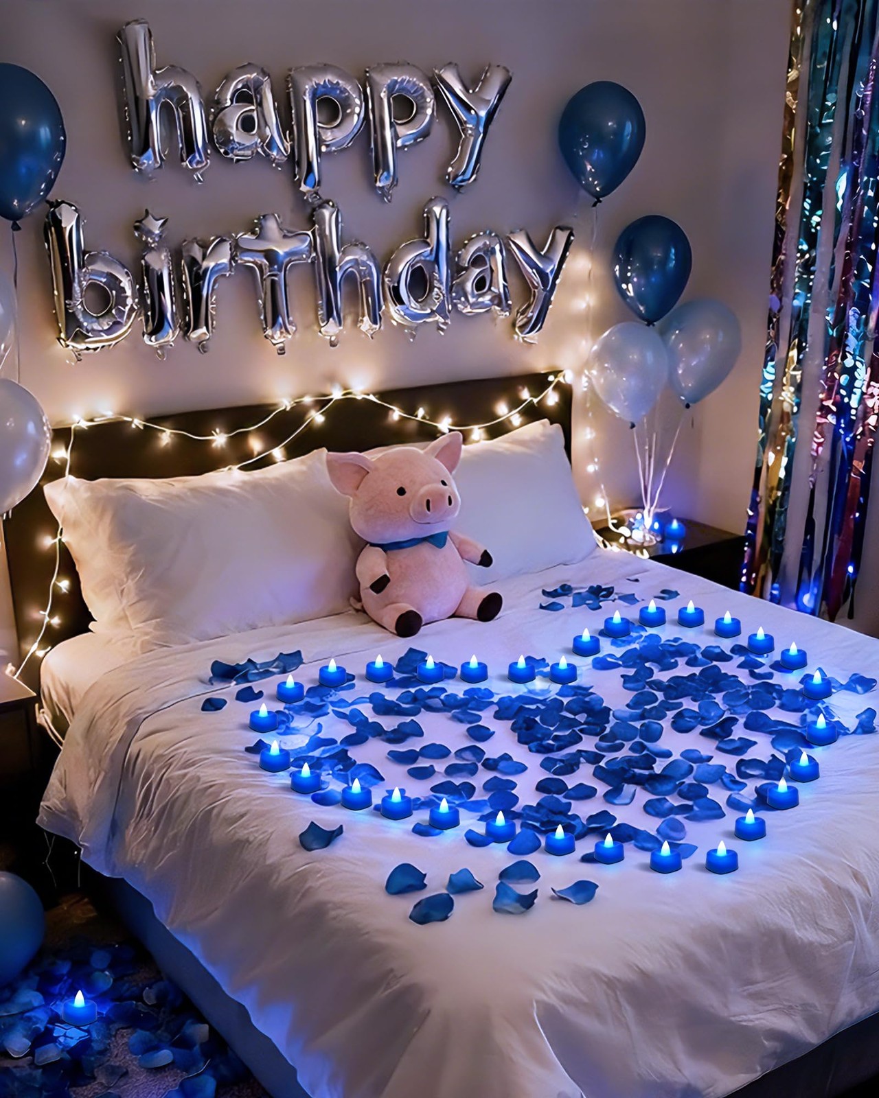 Amagic 1000 Pieces Blue Artificial Rose Petals with 12 Blue Heart LED Tea Lights