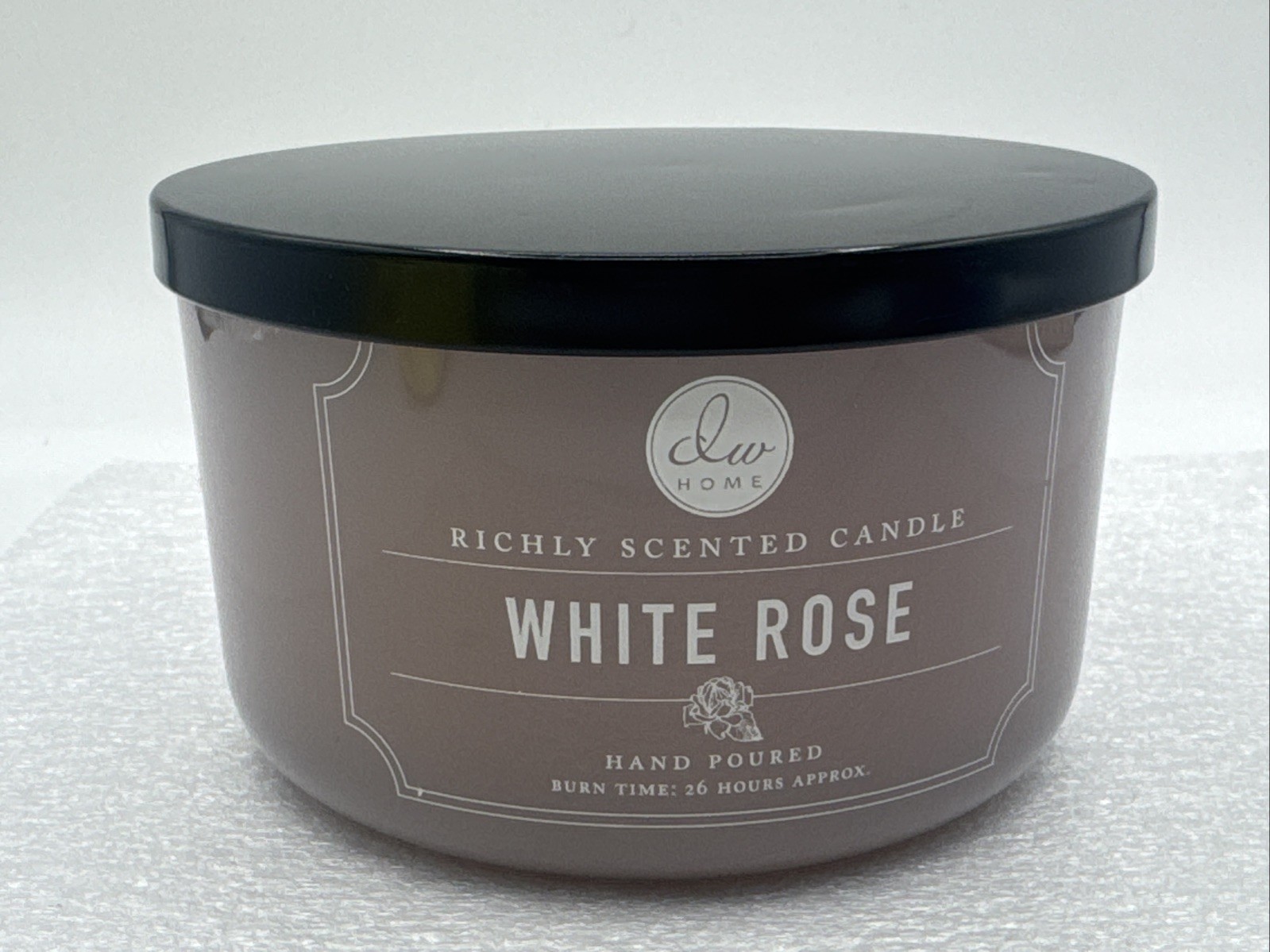 DW HOME 13.77oz White Rose Candle Hand Poured Burns ~26 Hours 3 Wick Glass Jar