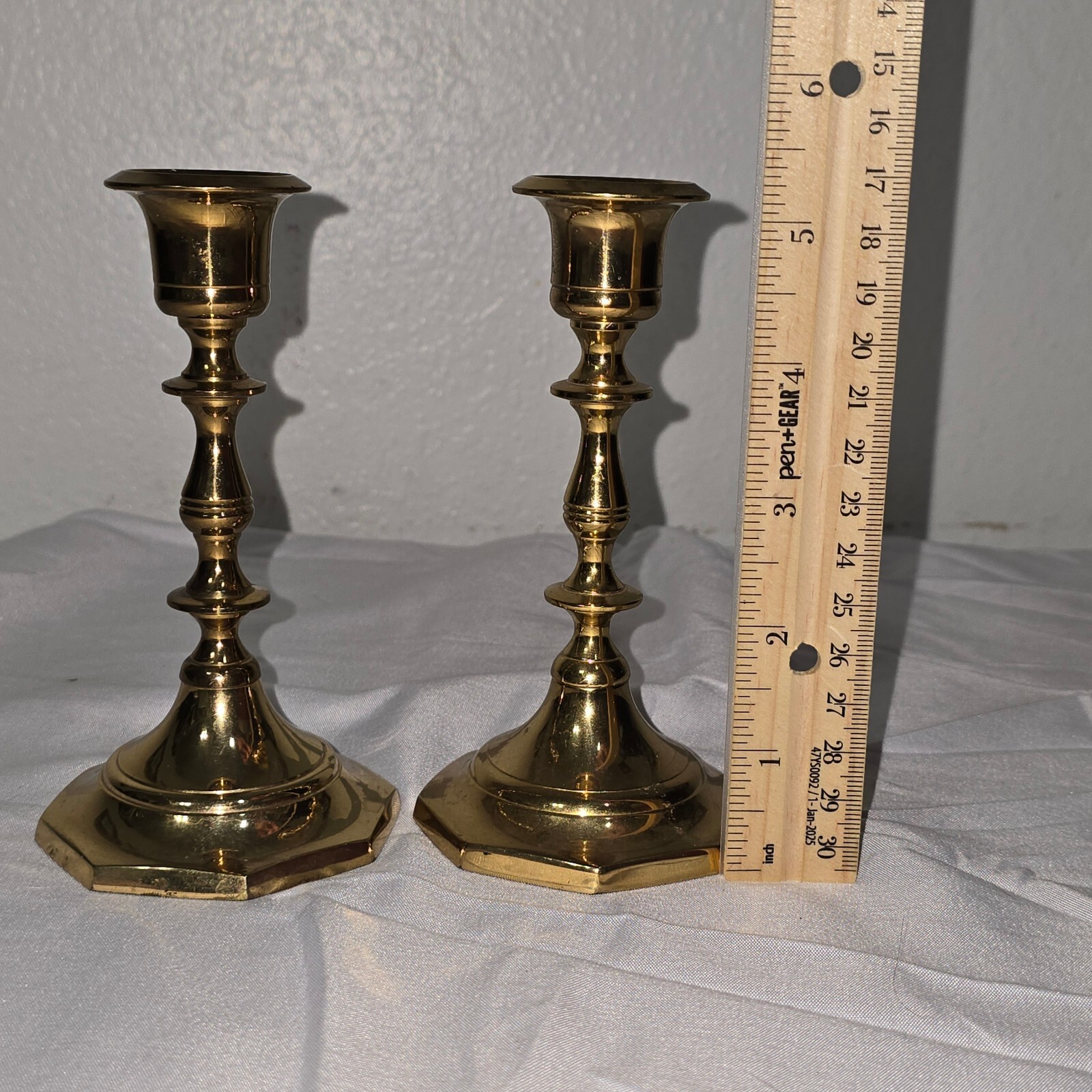 Vintage Solid Brass Taper Candlestick Holders Pair Octagonal Base Made in India
