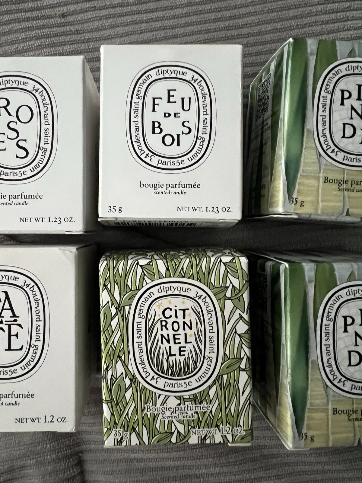 Diptyque Set of 6 Travel 35g Candles: Pinede Citronelle Roses Cafe Feu de Bois