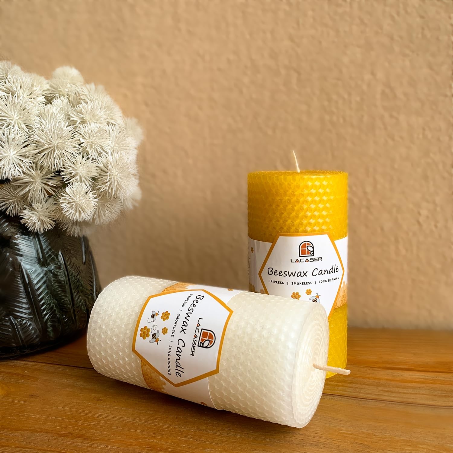 Large Beeswax Pillar Candles, Size 3″x6″, Natural Bees Wax Candle Handrolled …