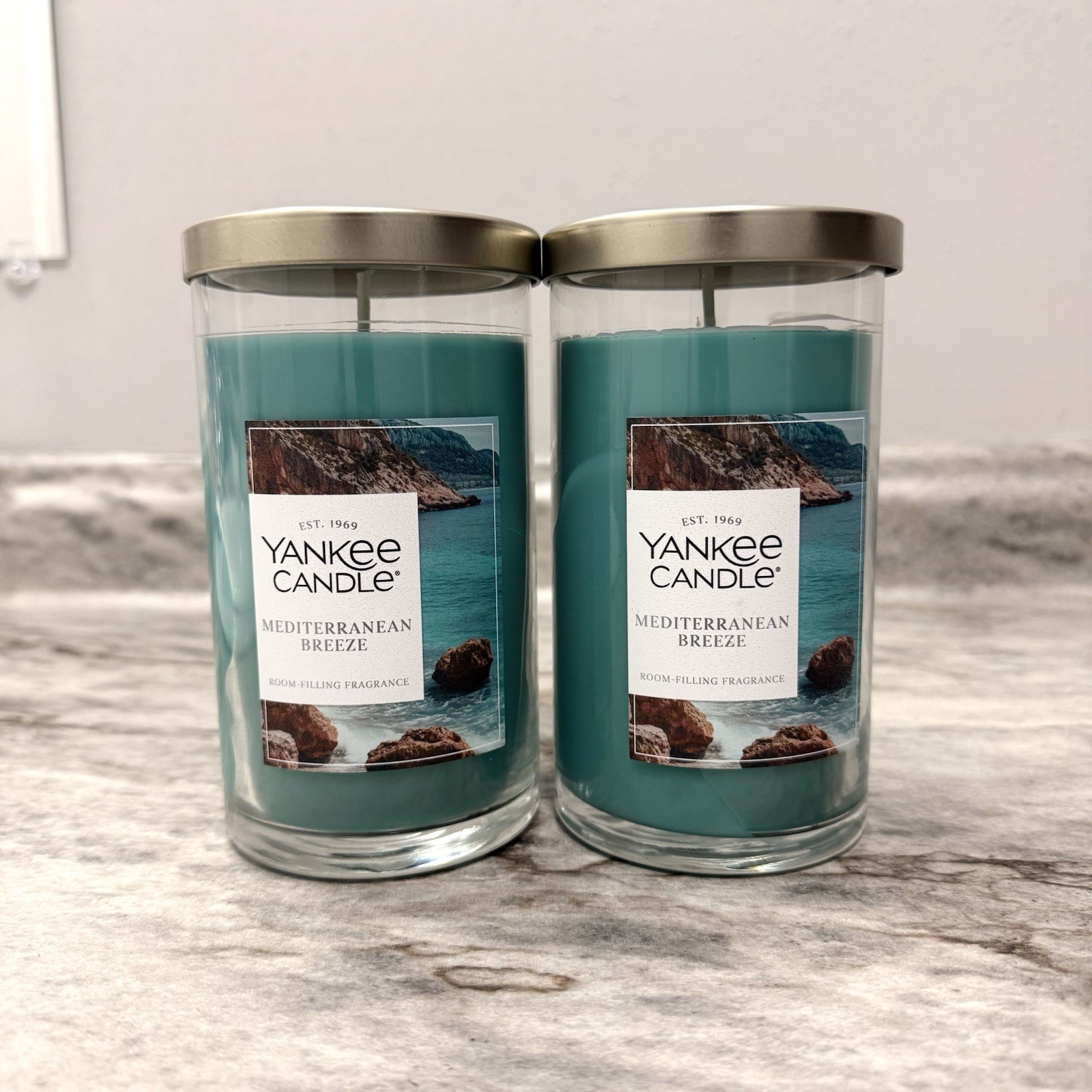 YANKEE Candle Mediterranean Breeze 14.25 oz Wax One Wick Glass Jar Blue Lot of 2