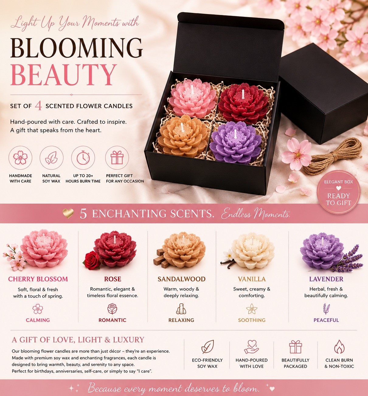 Luxury Set of 4 Handmade Flower Candles Gift Box | Scented Soy Wax Candles