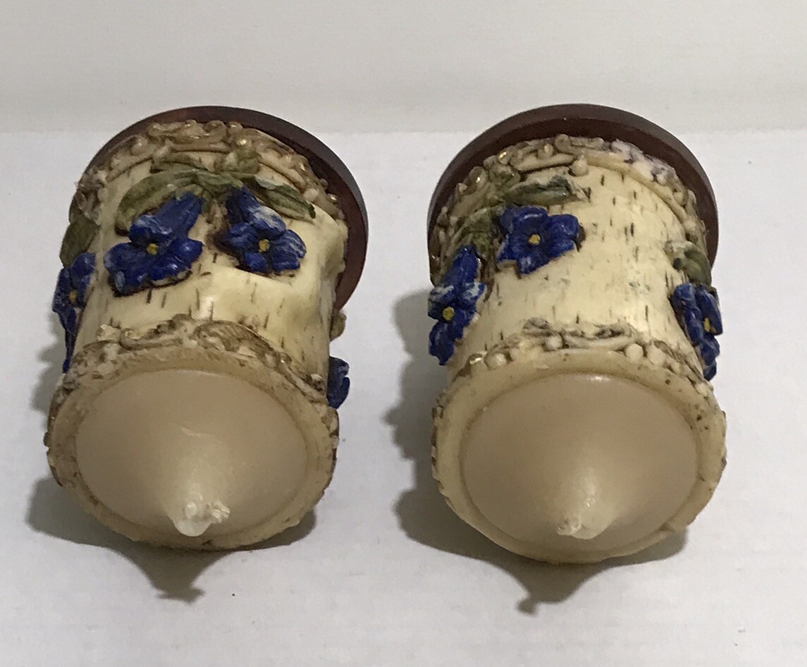 Vintage Set Of 2 Carved Flower Pillar Candles Hand Painted With Wood Base