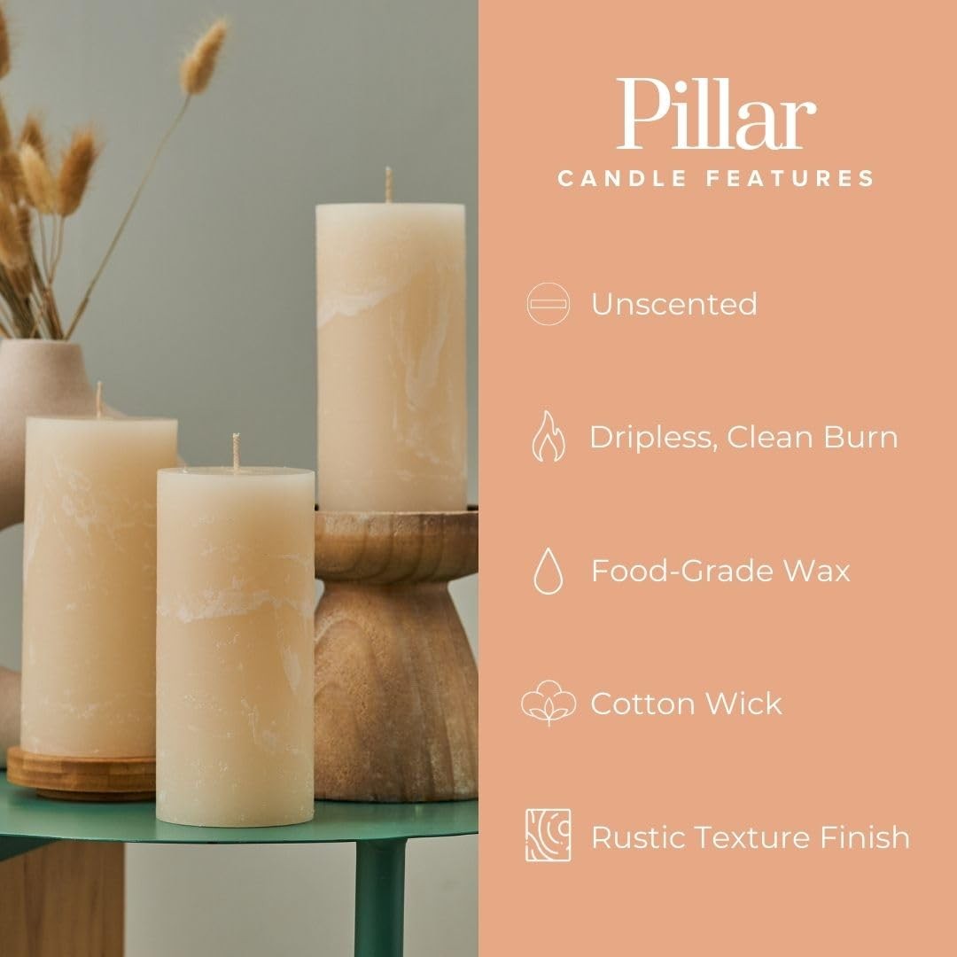 Simply Soson 3×4 Ivory Rustic Pillar Candles Bulk, Dripless Clean Long Burning C
