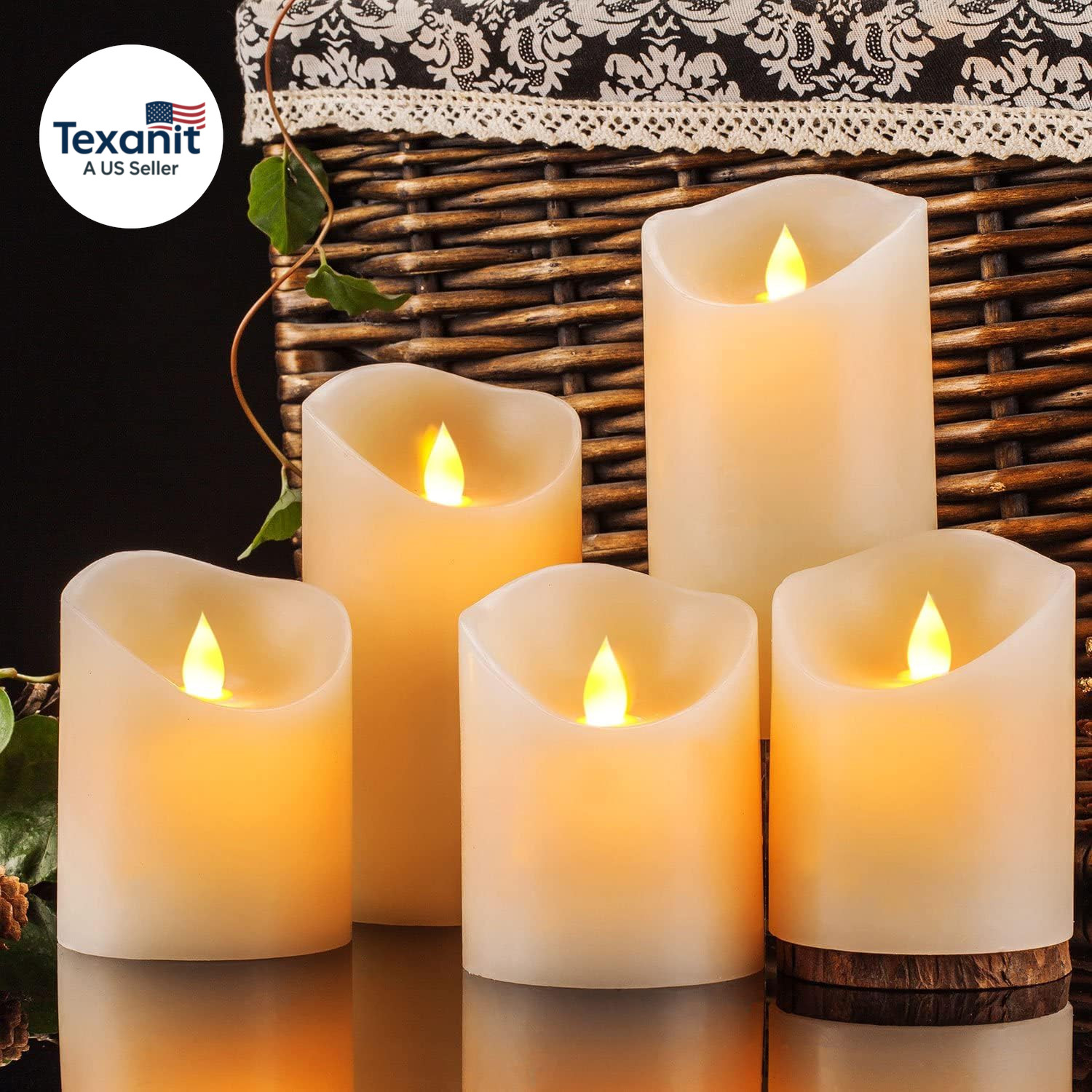Flameless Candles, Flickering Moving Flame LED Candles Set of 5 (Size: D: 3″ X H