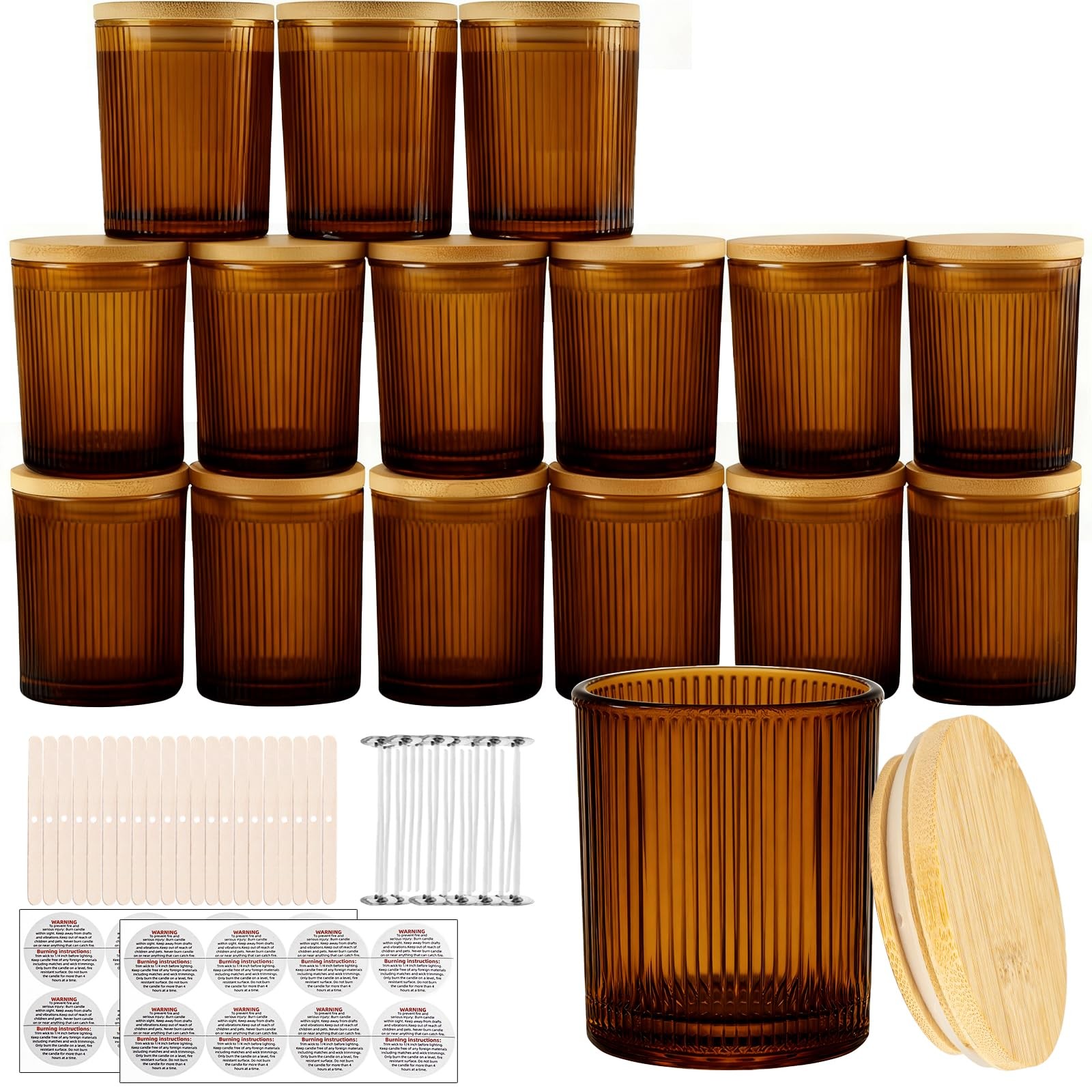 CONNOO 16pcs Ribbed Candle Glass Jars with Natural Bamboo Amber 7oz ribbed