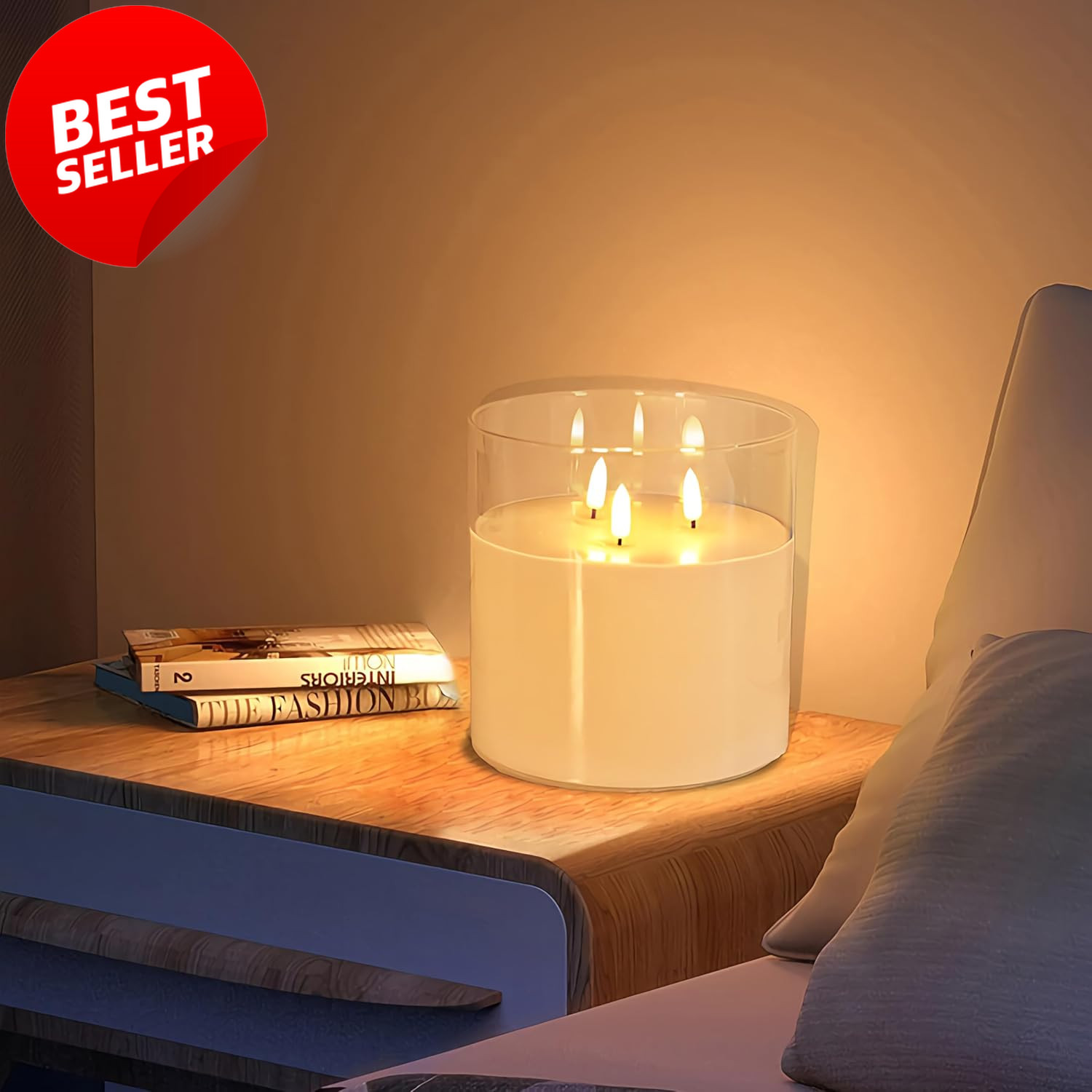 6x6in 3 Wick Flameless LED Candle Real Wax Glass Remote White Decor – US