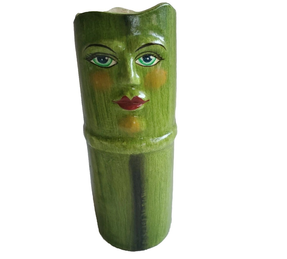 Clay Art Candle In W/ Face Bamboo Stem 60s Or 70s Signed AGP & Bird Blue Eyes