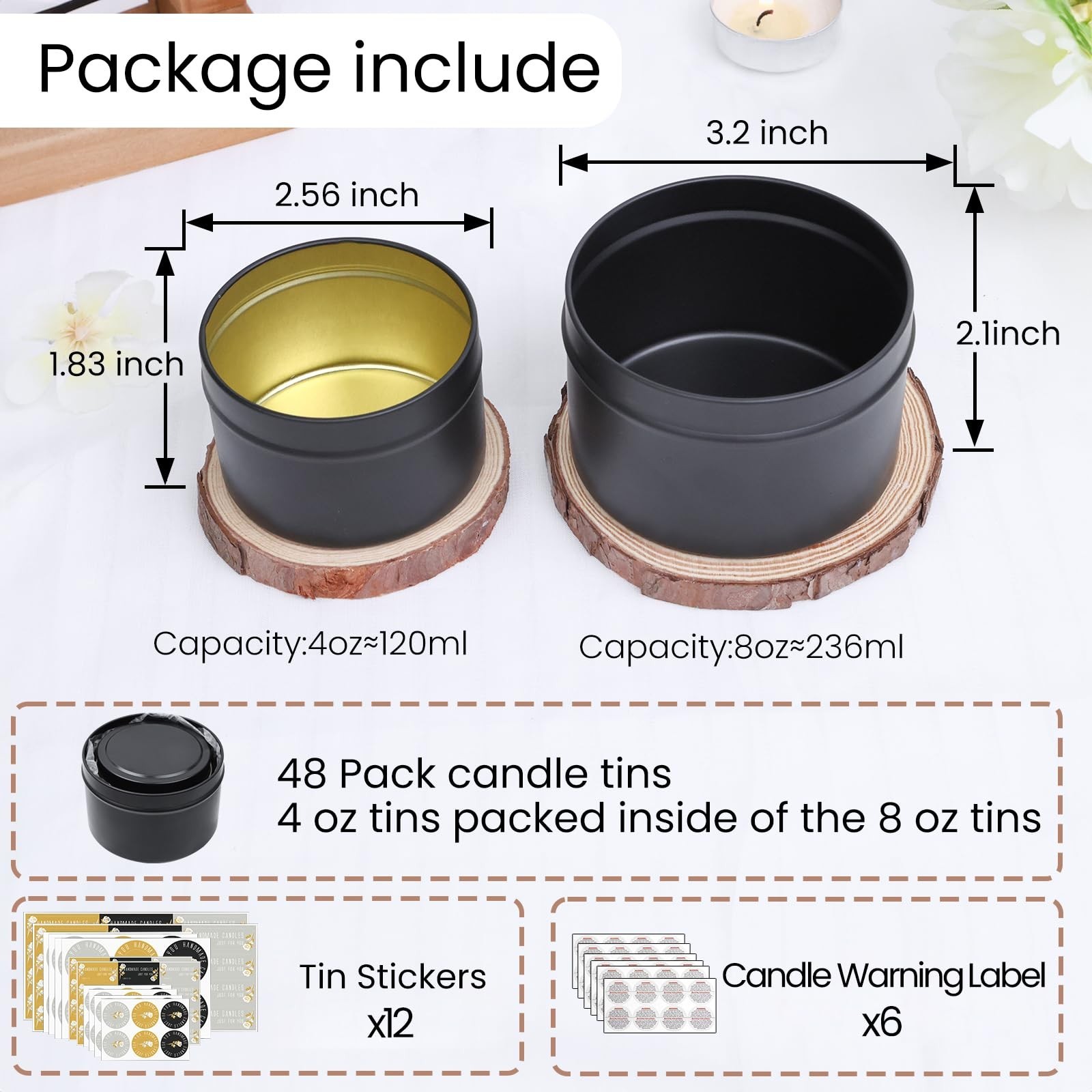48 Pack Matte Black Candle Tins – 24x8oz & 24x4oz Containers for Candle Making,