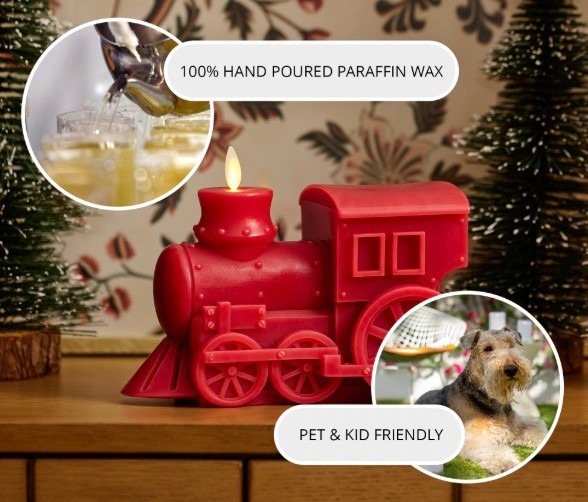 New in Box Luminara Pottery Barn Flameless Red Train Candle Holiday Christmas