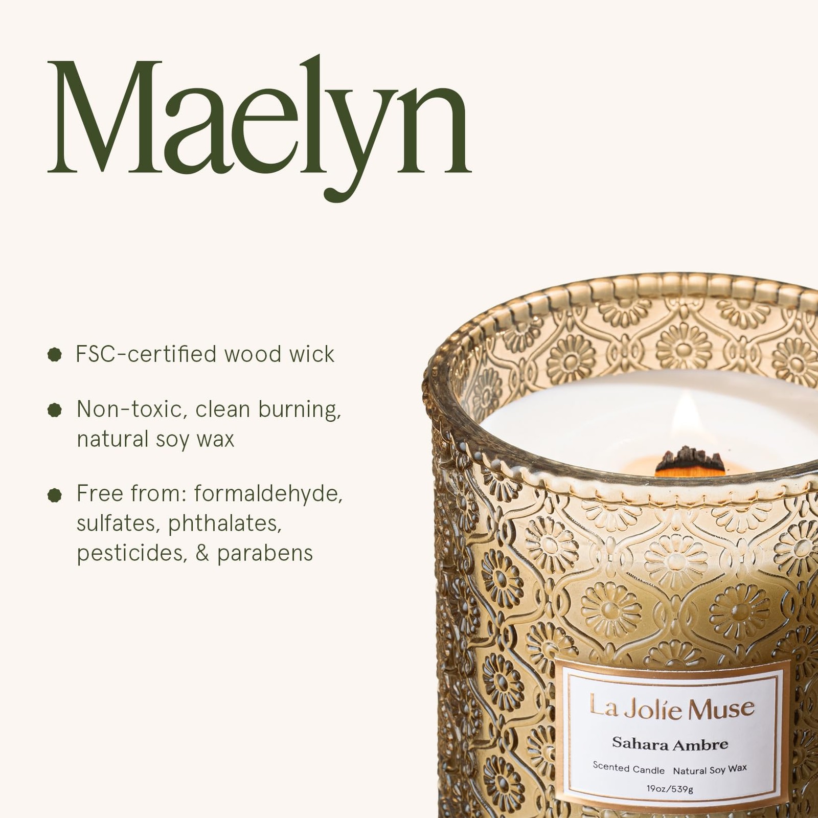 | Sahara Amber Candle | Bergamot, Clove & Amber | 19 oz Wooden Wick | Natural…