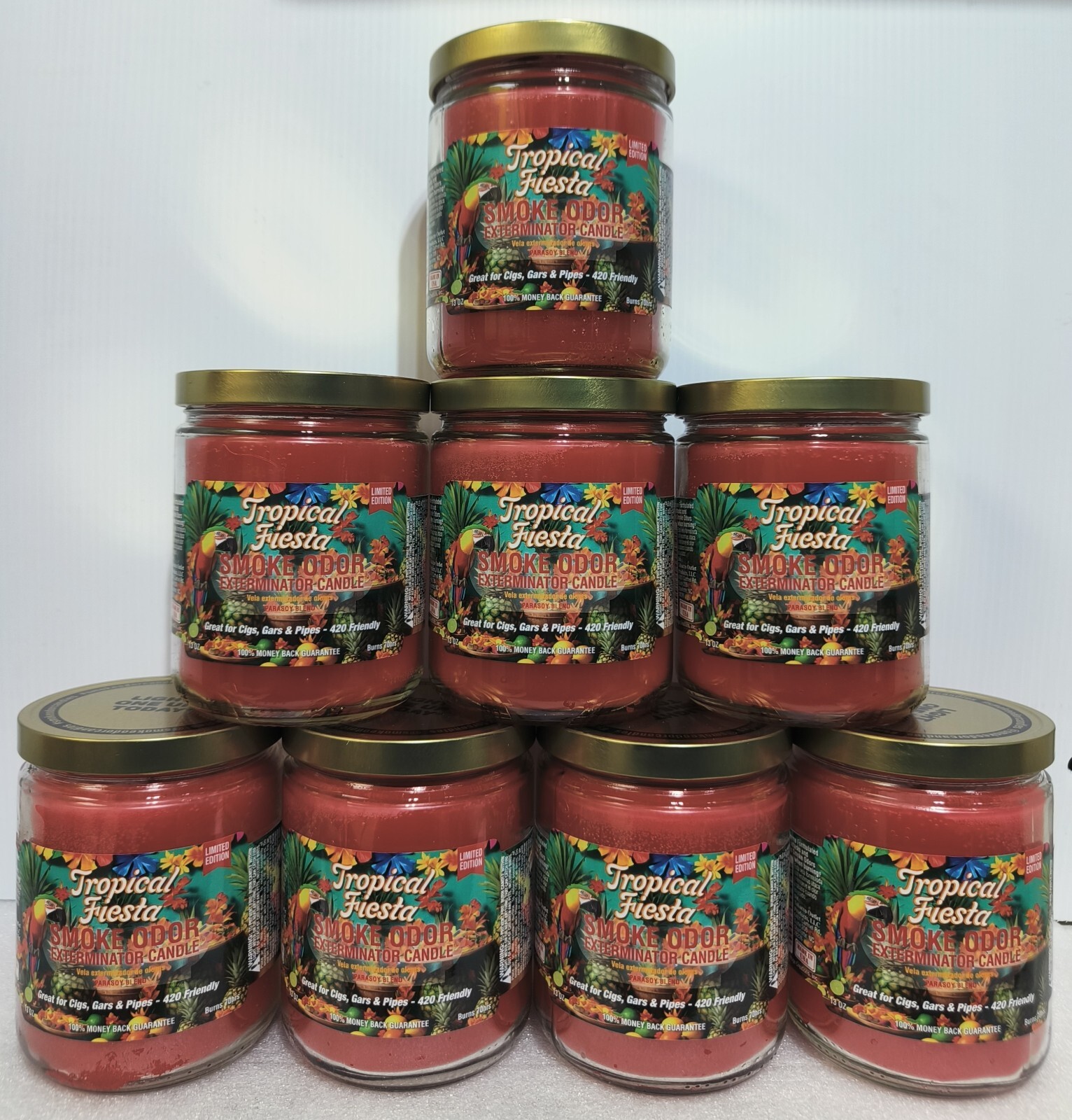 Smoke Odor Exterminator 13 oz Jar Candle, Tropical Fiesta Set of Eight Candles.