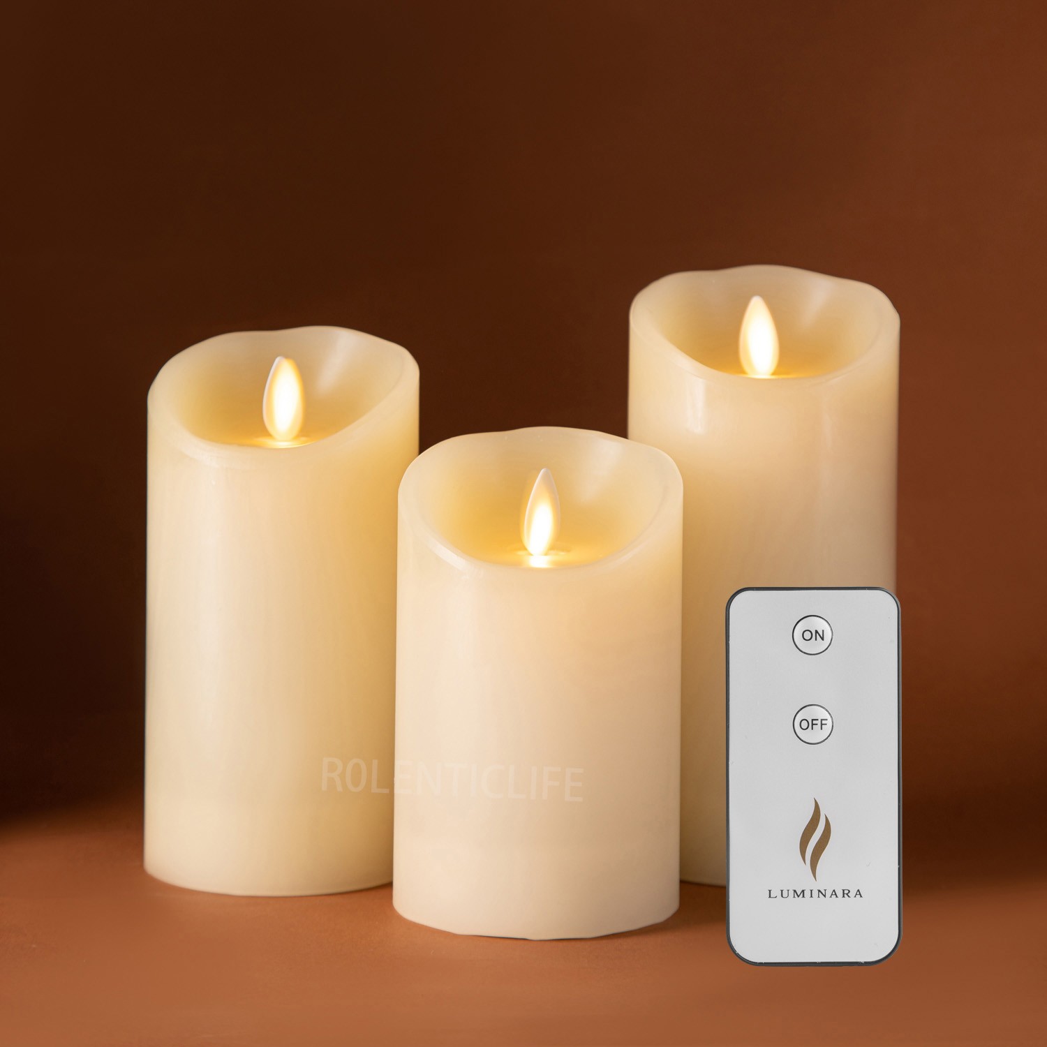 Luminara Flameless Pillar ivory Candles–Unscente,Moving Wick, Remote/Timer Set 3