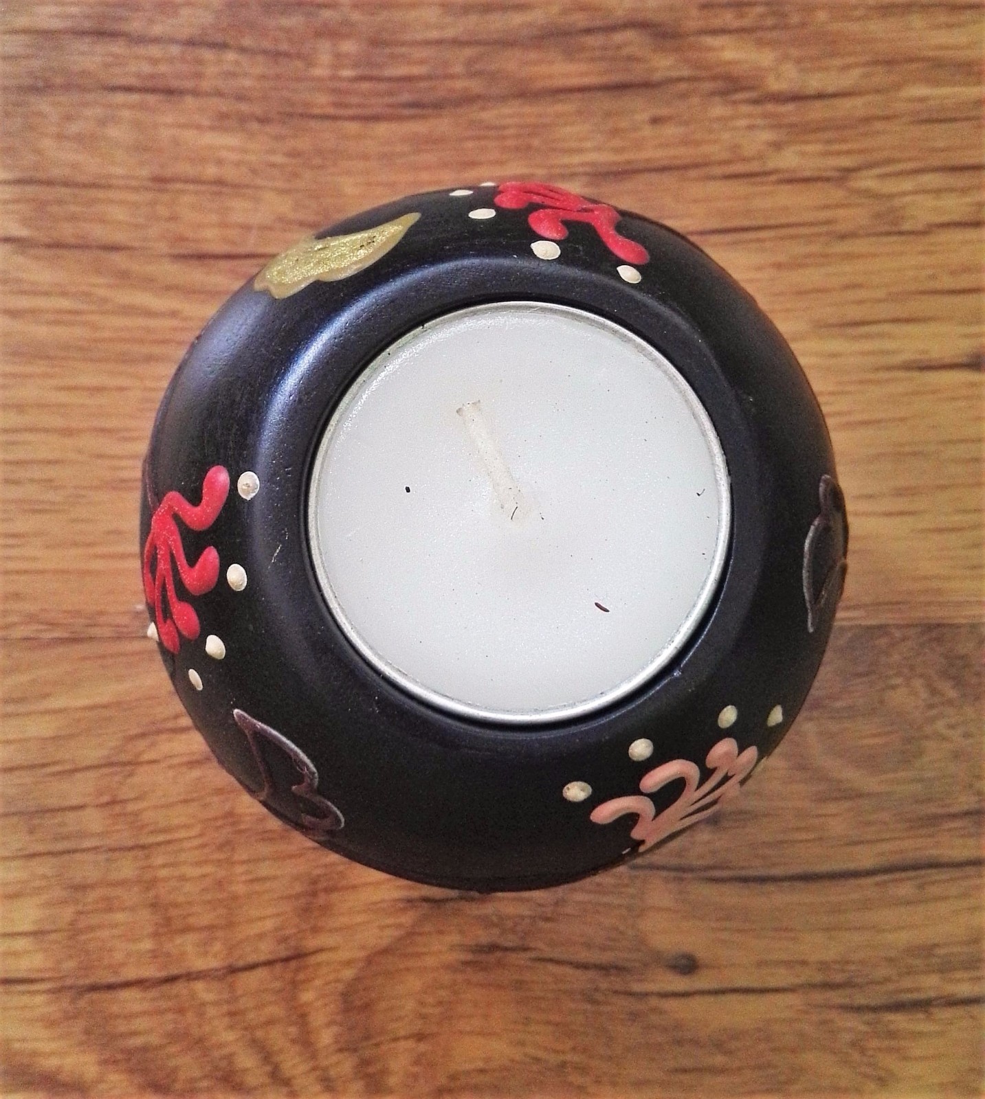Thailand Mango Wood Candle Holder Round Flowers Painting Handcrafted
